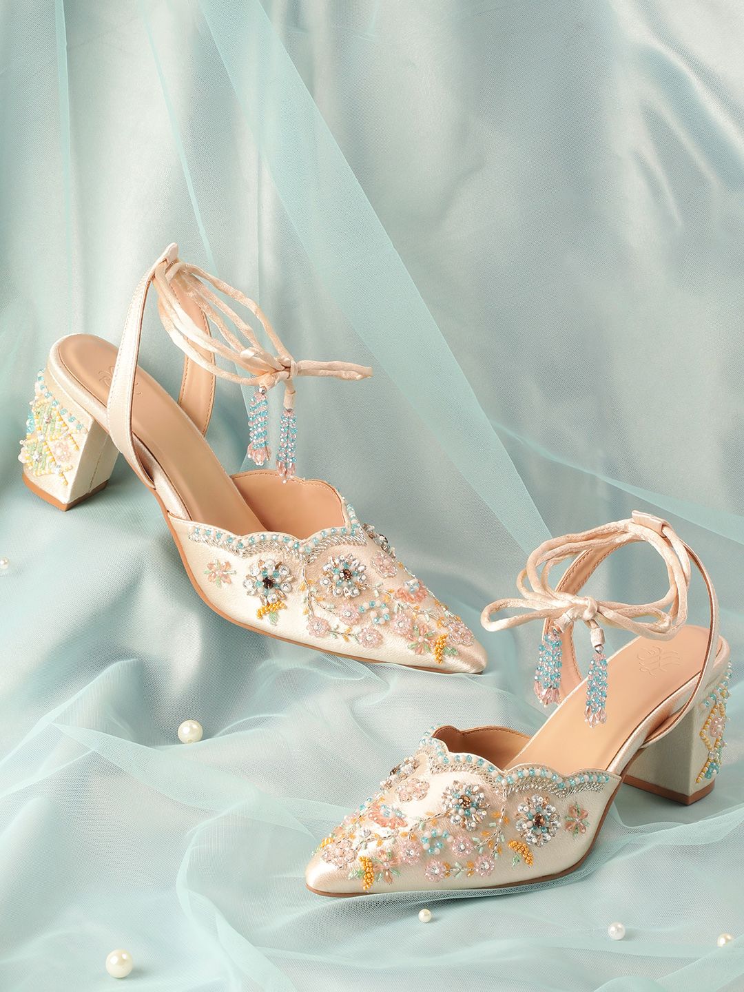 House of Pataudi Beads Embellished Tie-up Ankle Loop Block Mules