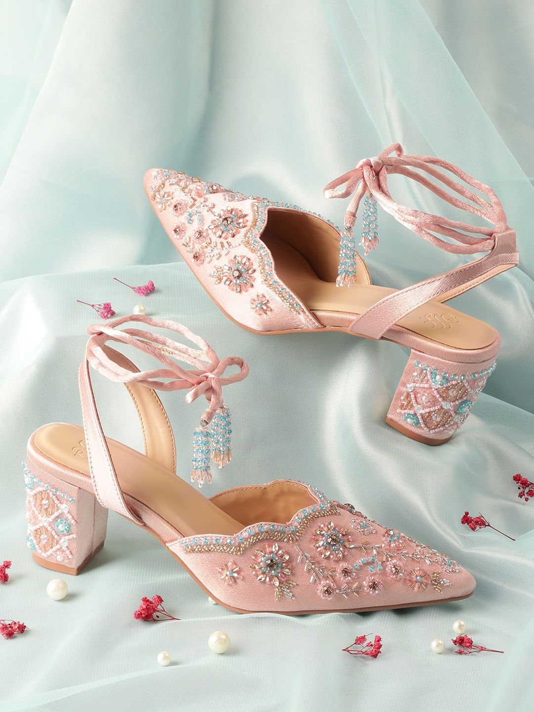 House of Pataudi Beads Embellished Tie-up Ankle Loop Block Mules