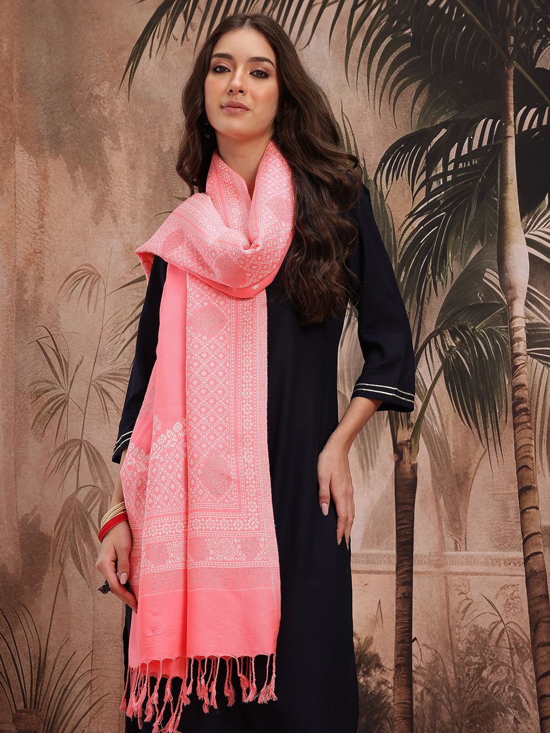 Sangria Ethnic Motifs Woven Design Ethnic Shawl with Fringed Border-picture-28