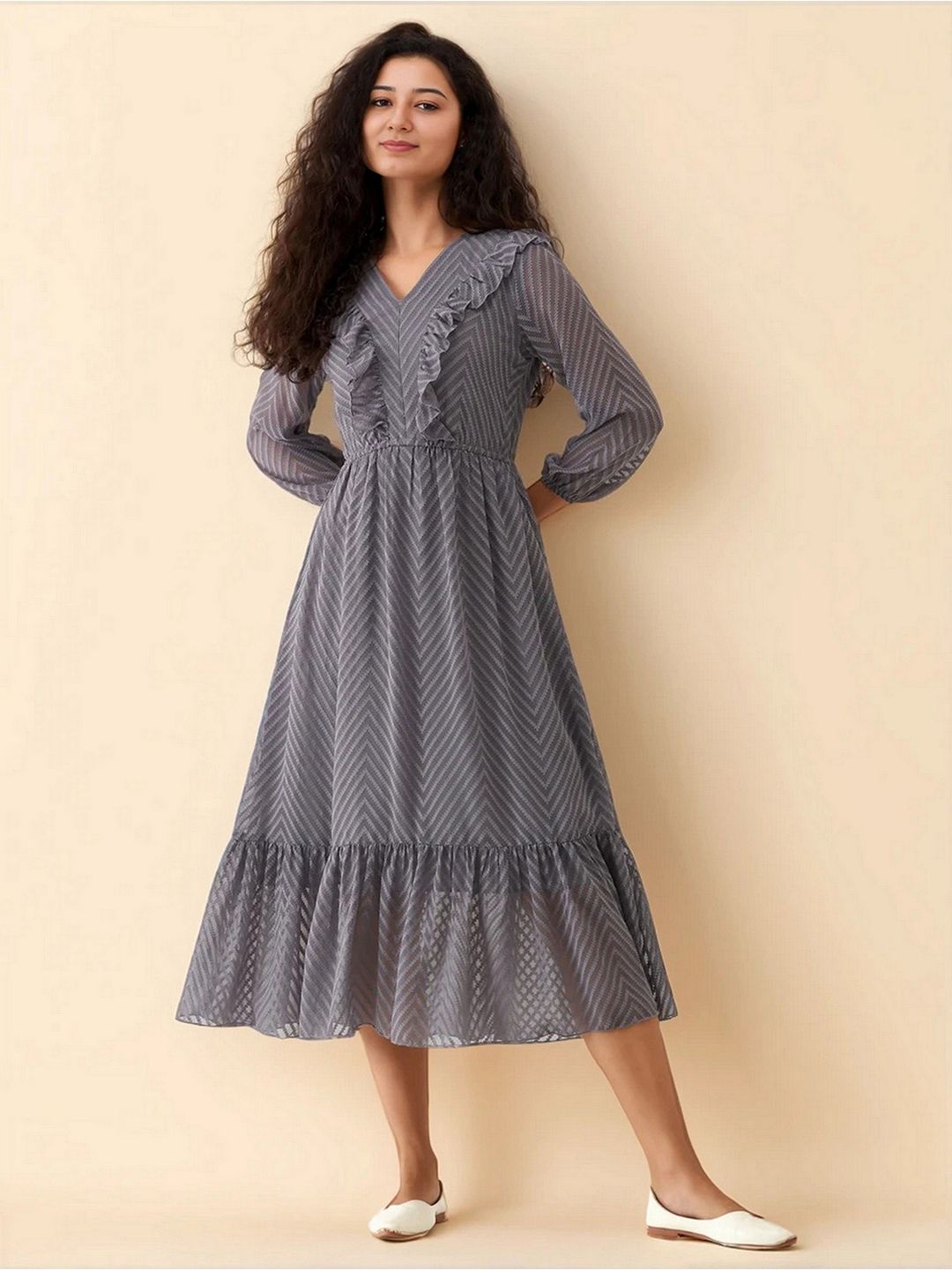 AASK Print Puff Sleeve Crepe Formal Fit & Flare Midi Dress-picture-11