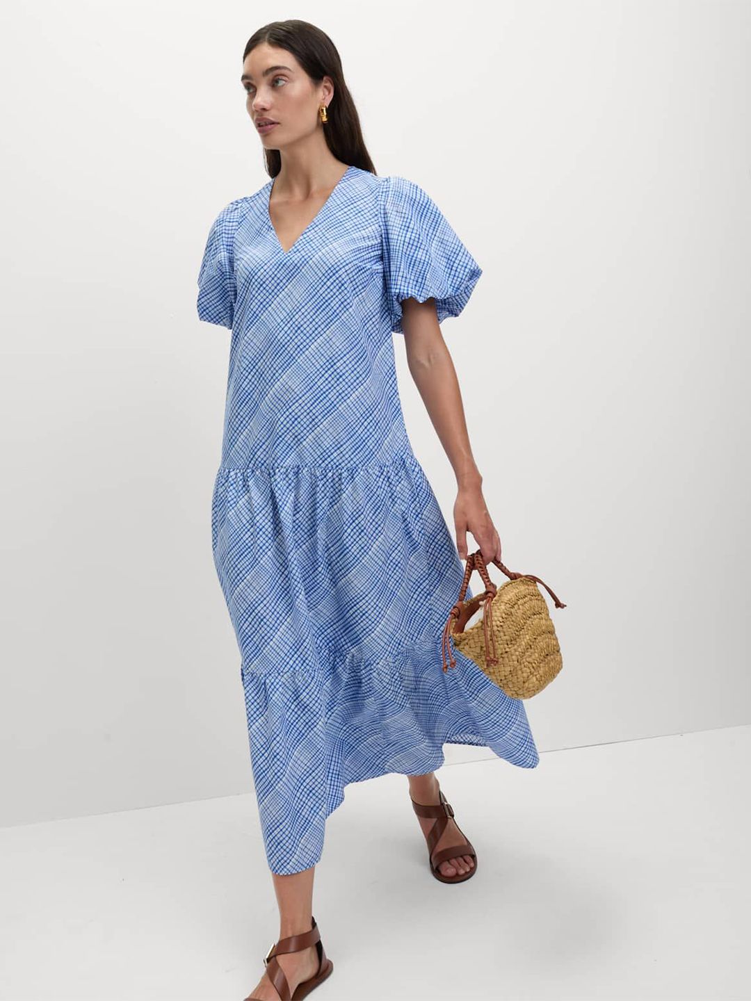 Marks & Spencer Women Checked Tiered Cotton A-Line Midi Dress-picture-24