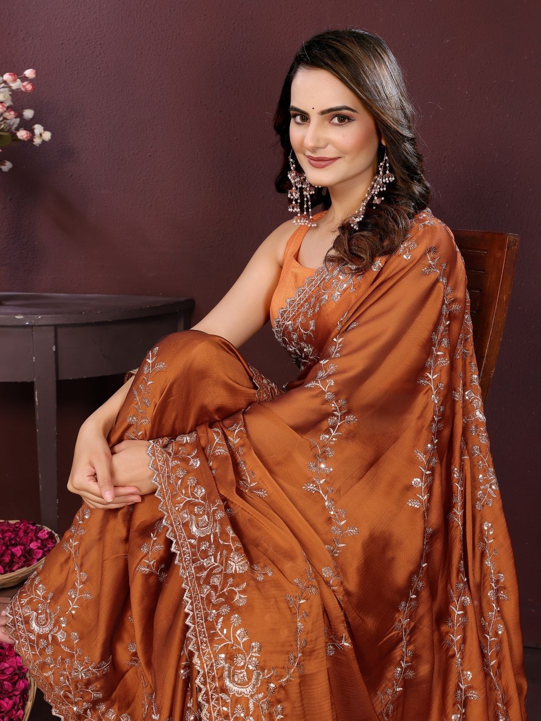 House of Pataudi Floral Embroidered Sequinned Saree With Unstitched Blouse
