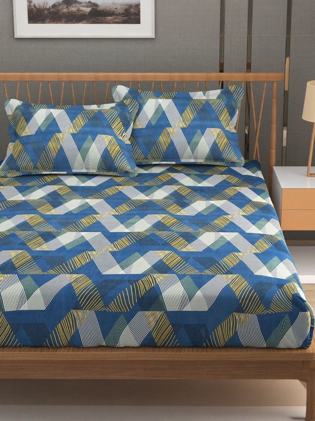 FURNOFY Blue & White Geometric 130 GSM King Superfine Bedsheet with 2 Pillow Covers-picture-25