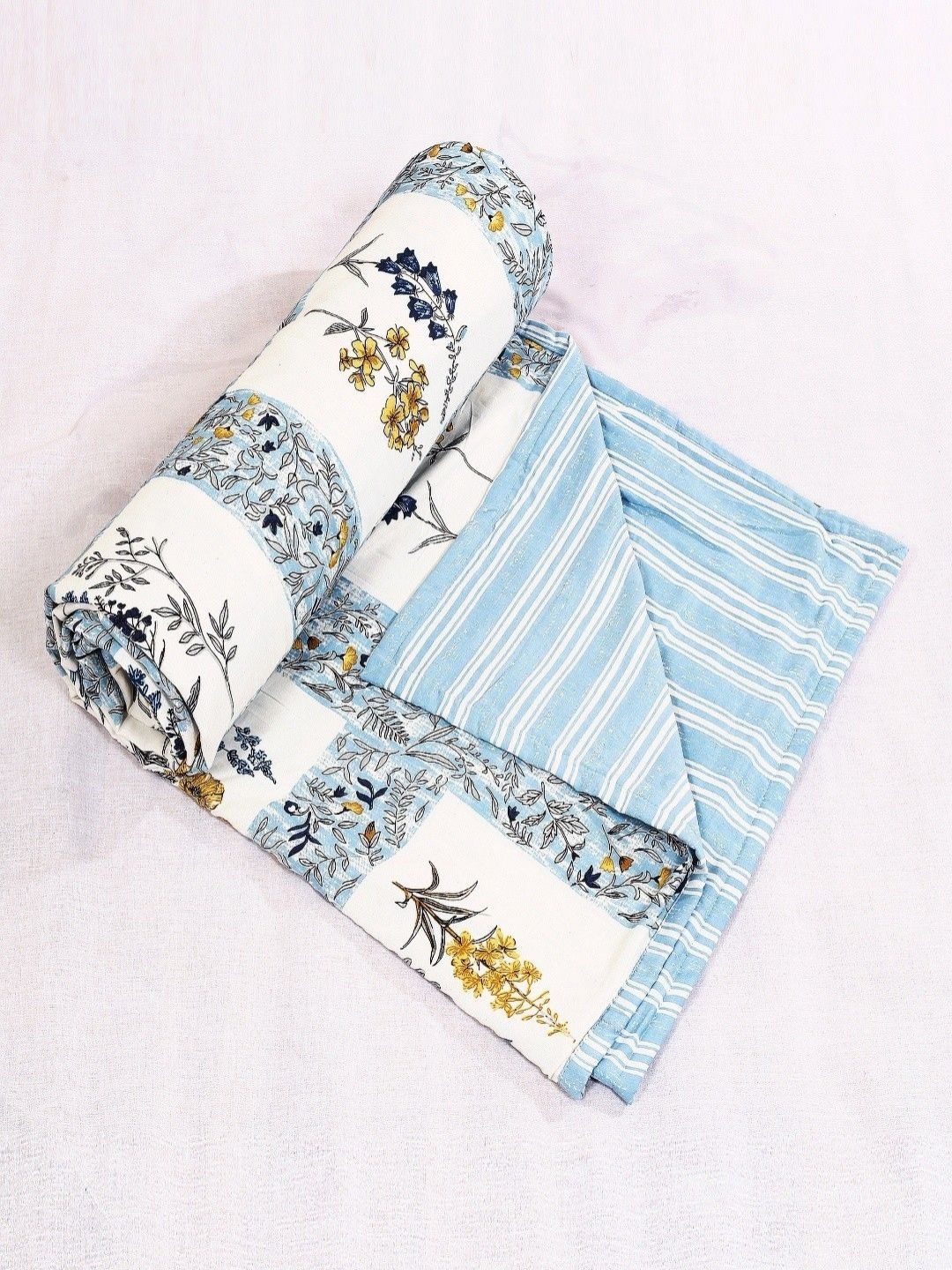 INDRA'S White & Blue Floral Printed AC Room Cotton 110 GSM Single Bed Dohar-image-26