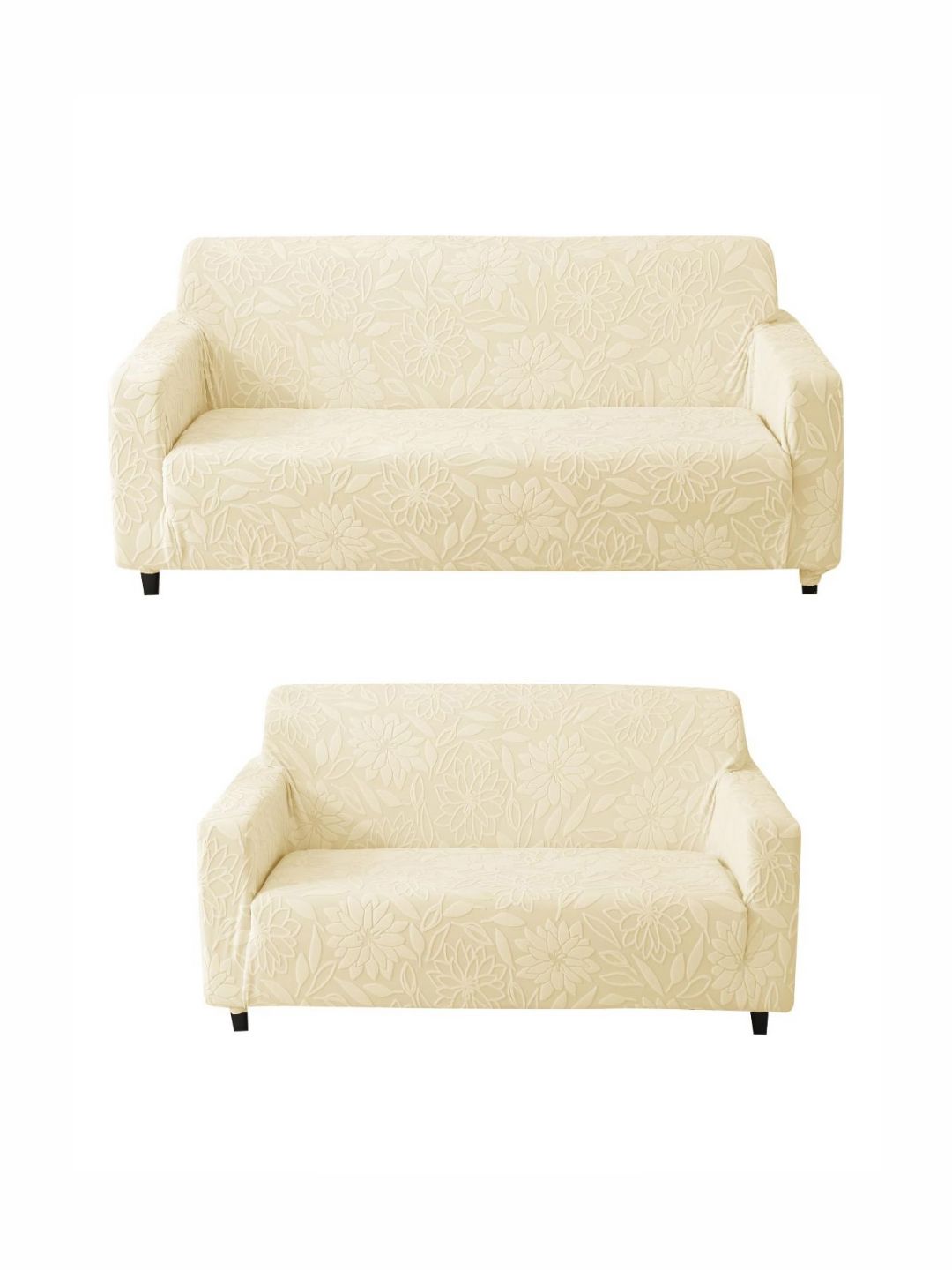 HOUSE OF QUIRK Beige Jacquard 3+2 Seater Floral Printed Waterproof Sofa Cover With Arms-image-8