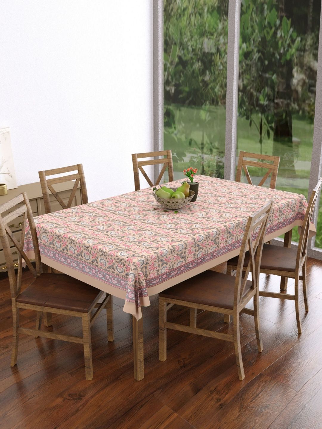 Texstylers Beige & Peach Floral Printed Pure Cotton 6-Seater Rectangle Table Cover-image-23