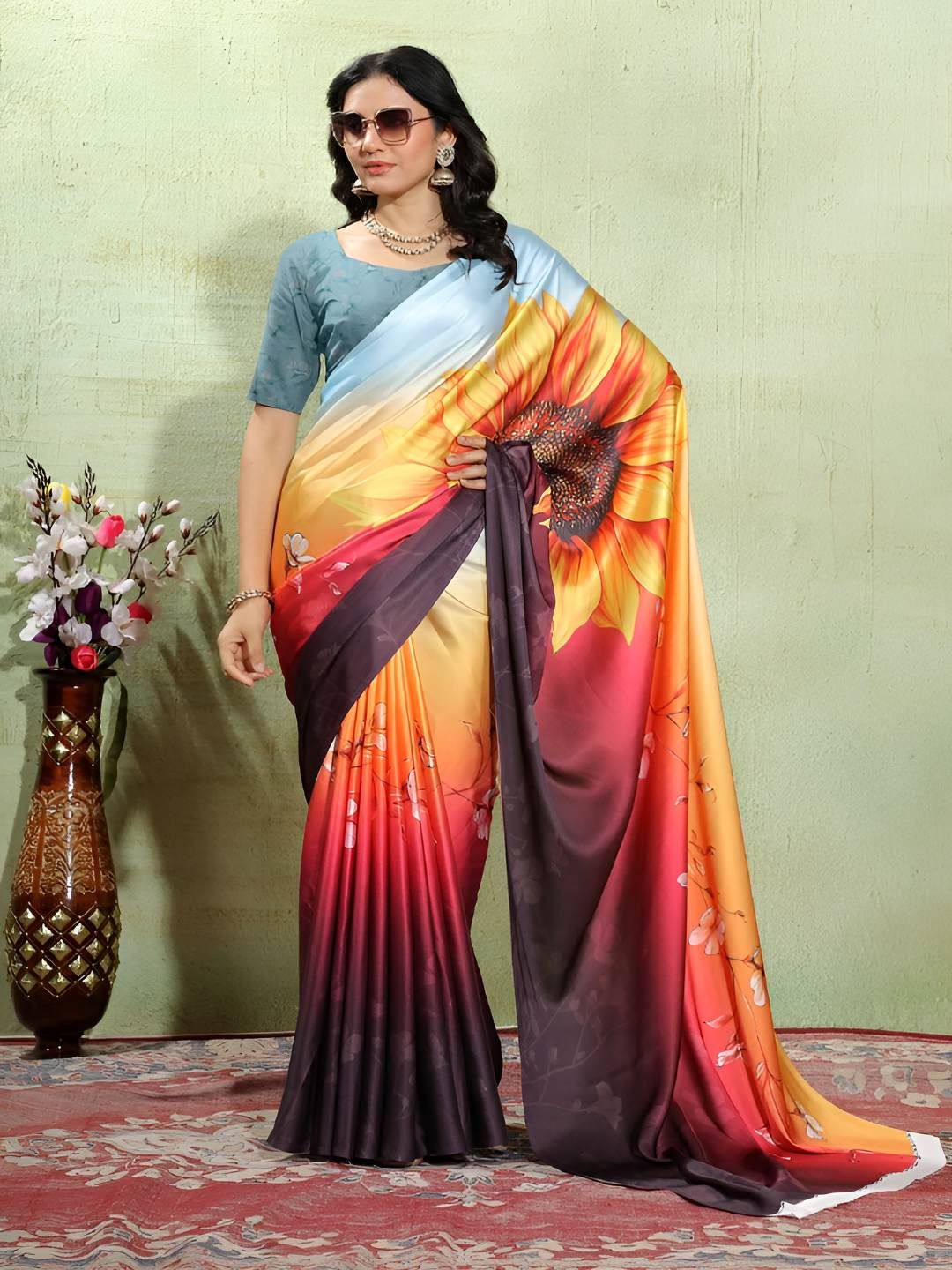 FABMORA Floral Printed Satin Saree With An Unstitched Blouse-picture-30