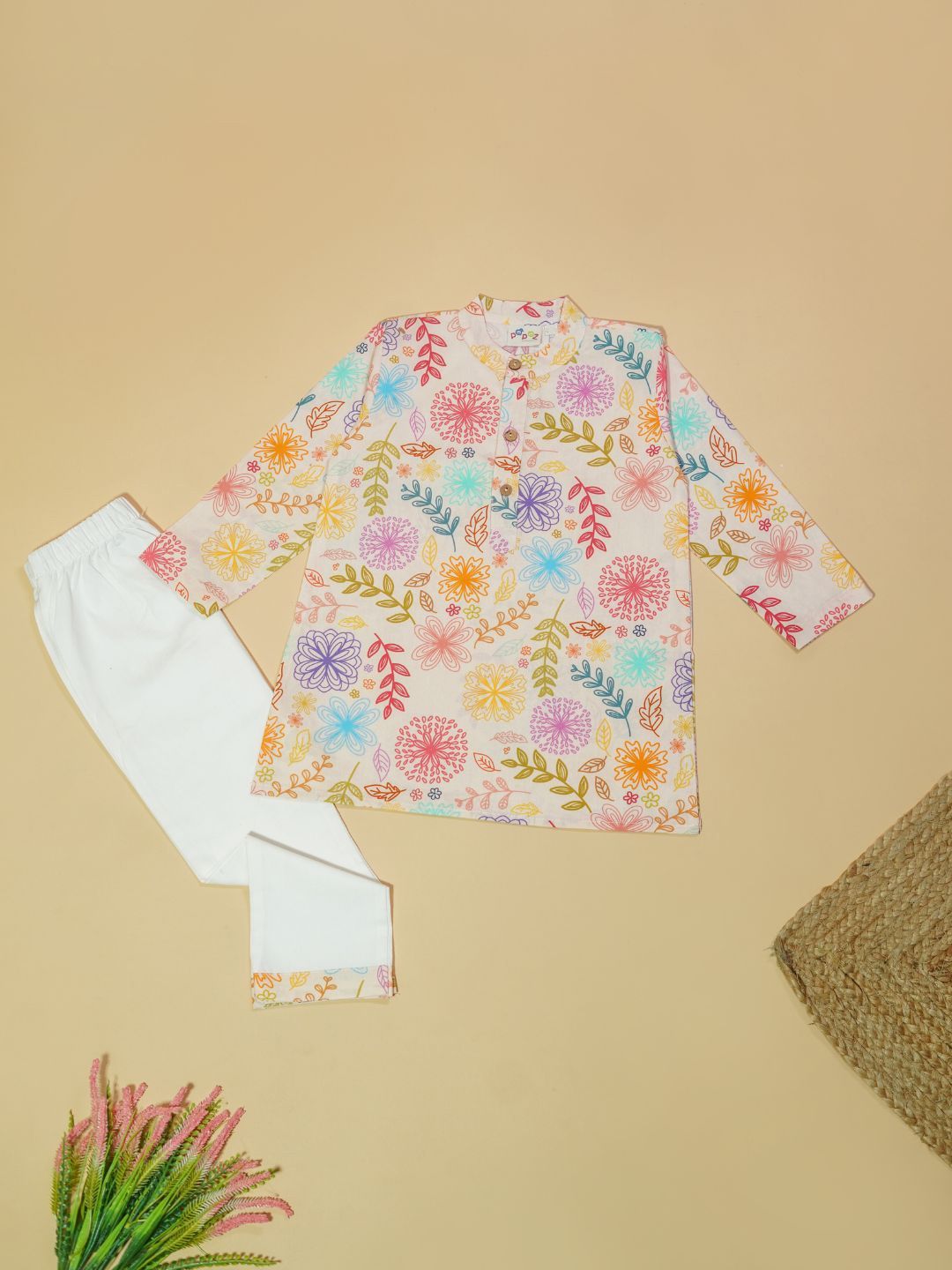 Desi Soota Infants Boys Floral Printed Mandarin Collar Pure Cotton Kurta With Pyjamas-picture-18