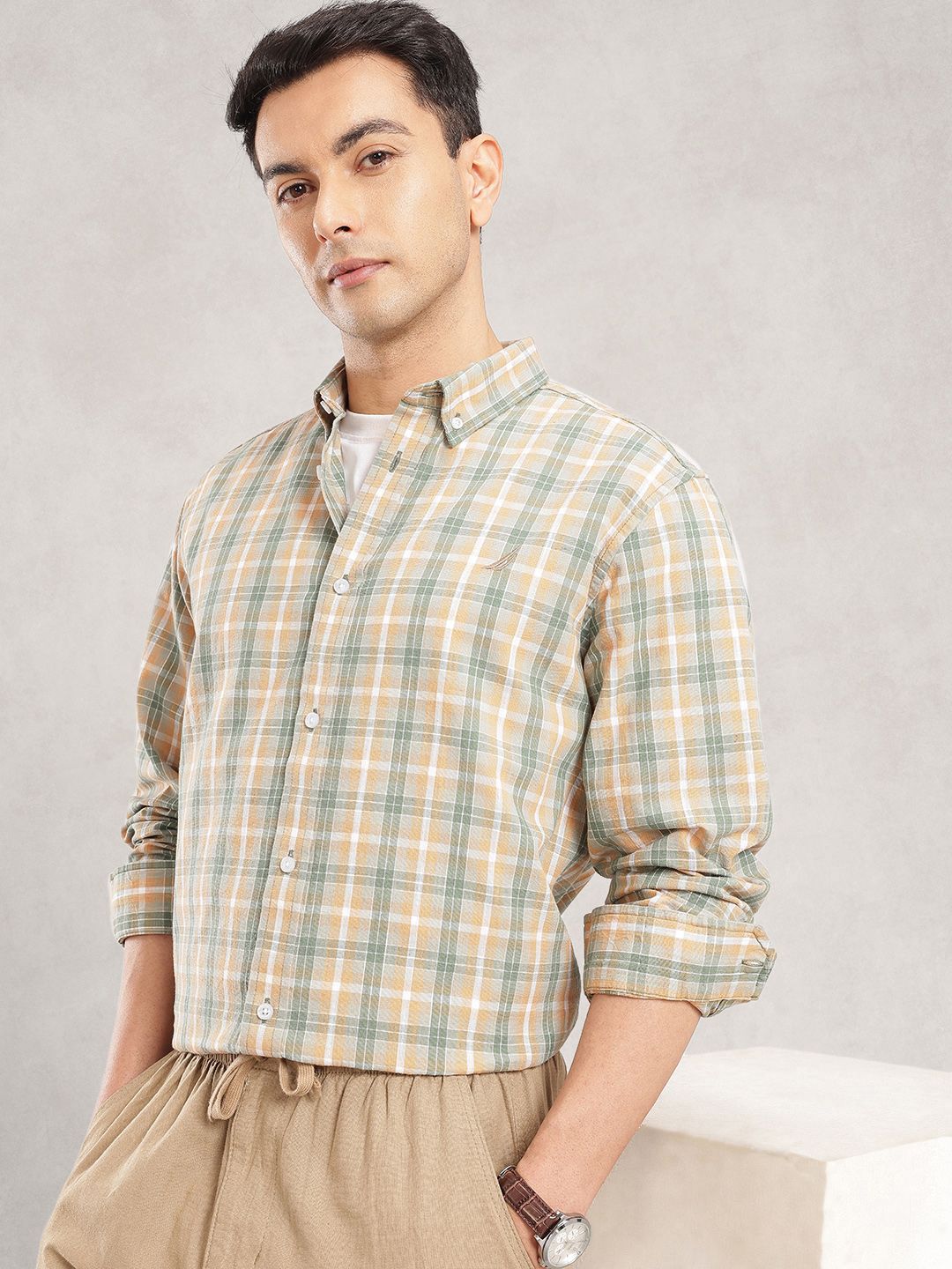 Nautica Classic Fit Checked Cotton Linen Casual Shirt-picture-32
