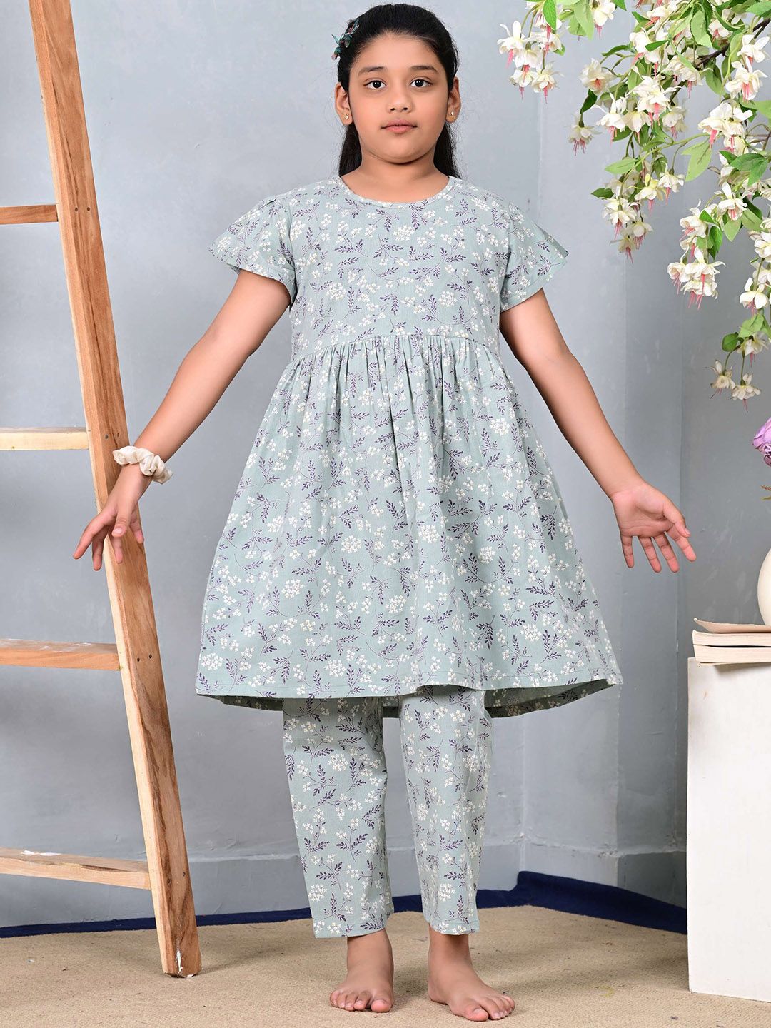 GIANNA Girls Floral Printed Pleated Pure Cotton Top with Pyjamas-picture-25