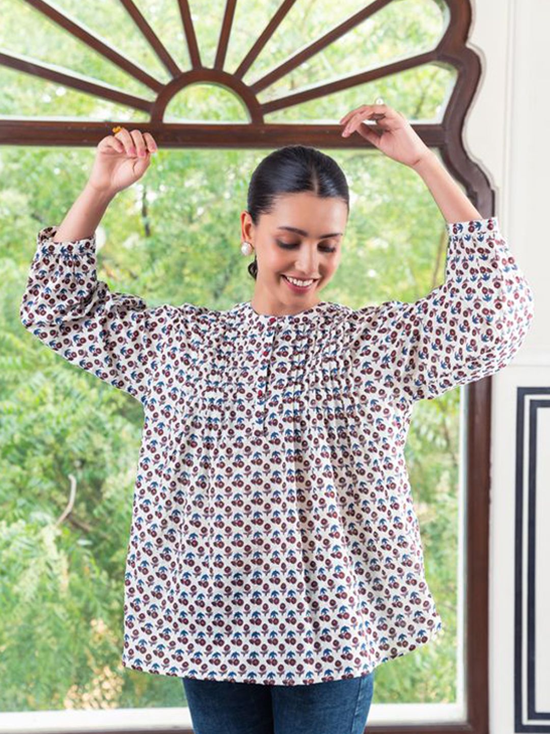 SAVI Women Floral Printed Puff Sleeve Cotton A-Line Top-picture-37