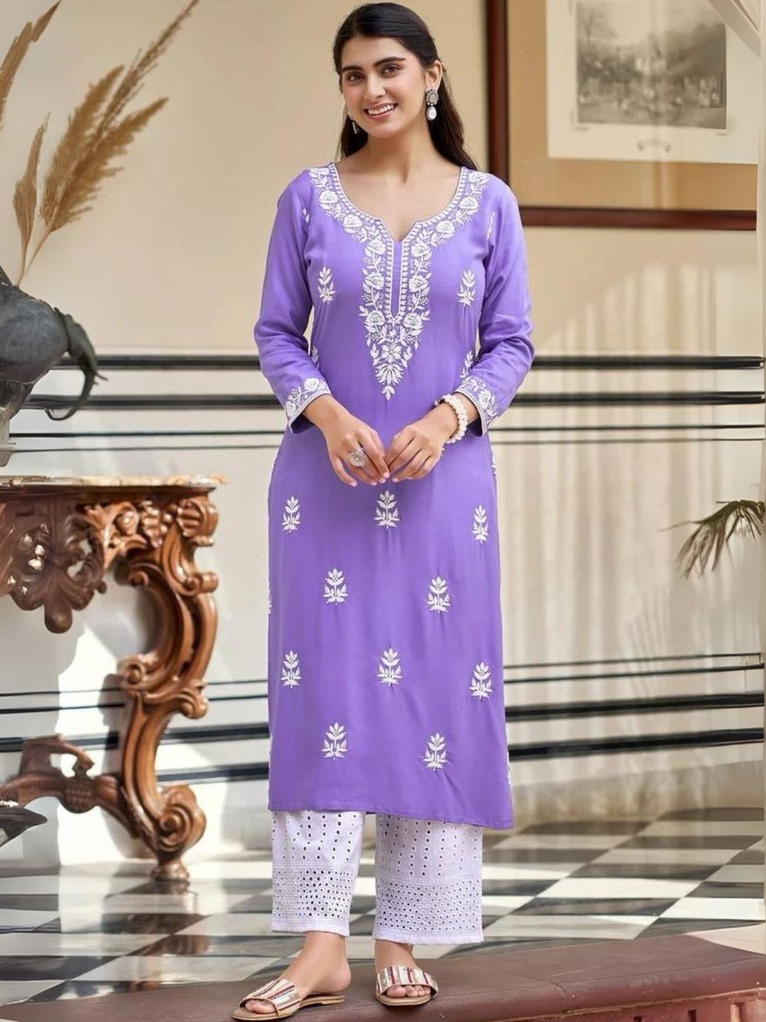 KALINI Women Floral Embroidered Regular Thread Work Kurta with Palazzos-picture-21