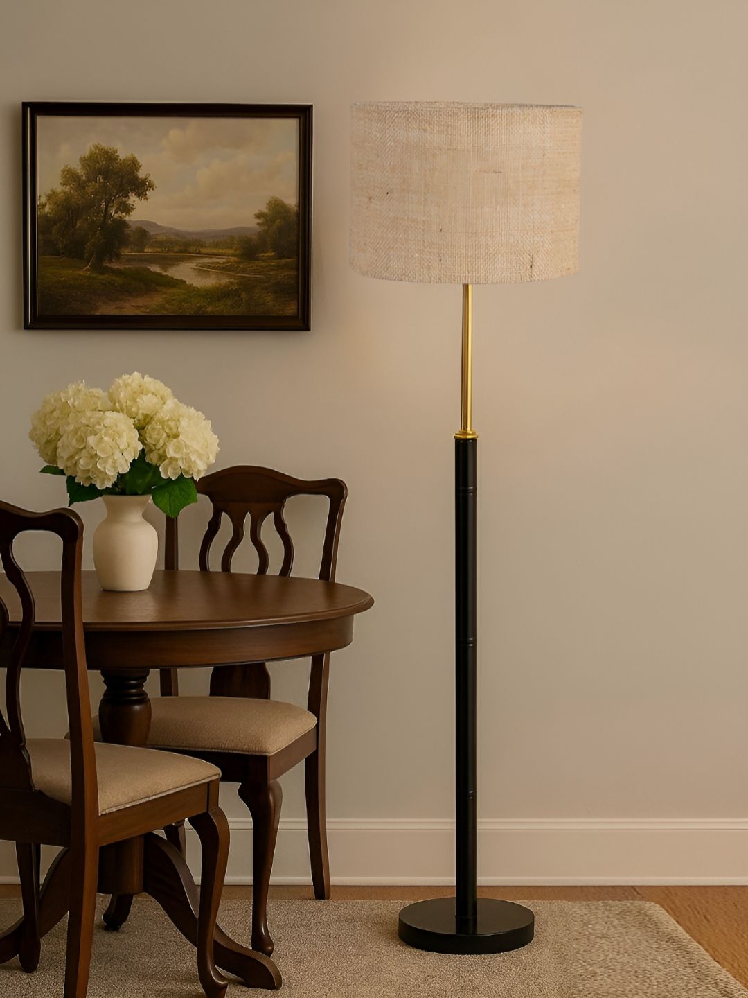 Devansh Beige & Black Cylinder Wooden Floor Lamp-picture-5