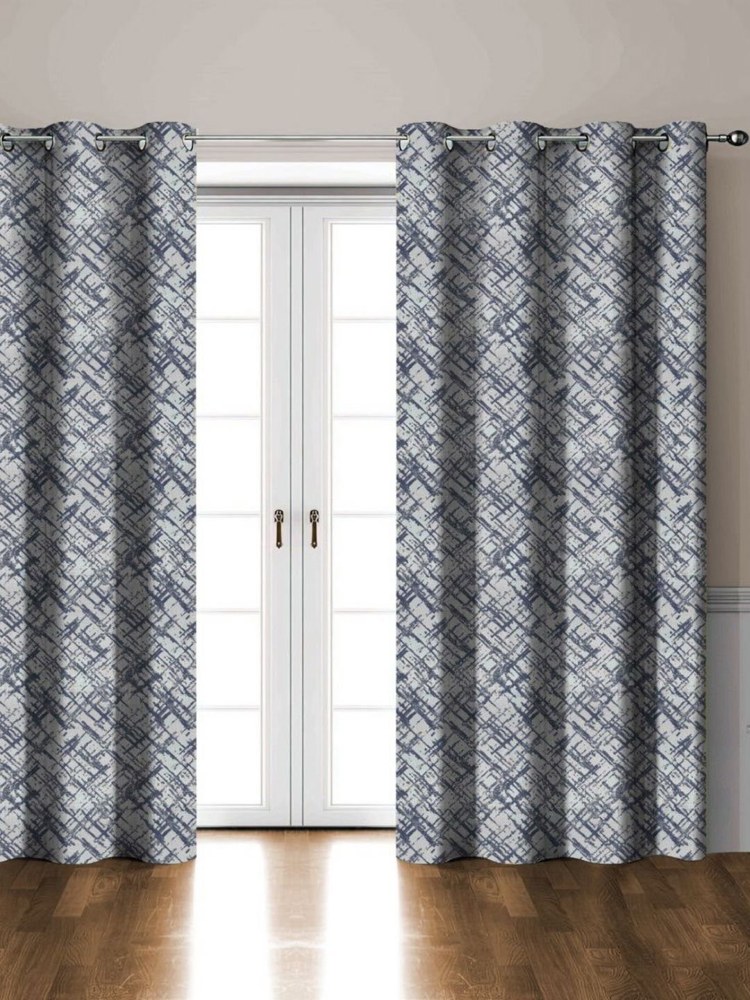Aura Navy Blue & Grey 2 Pieces Printed Room Darkening Door Curtain-image-32