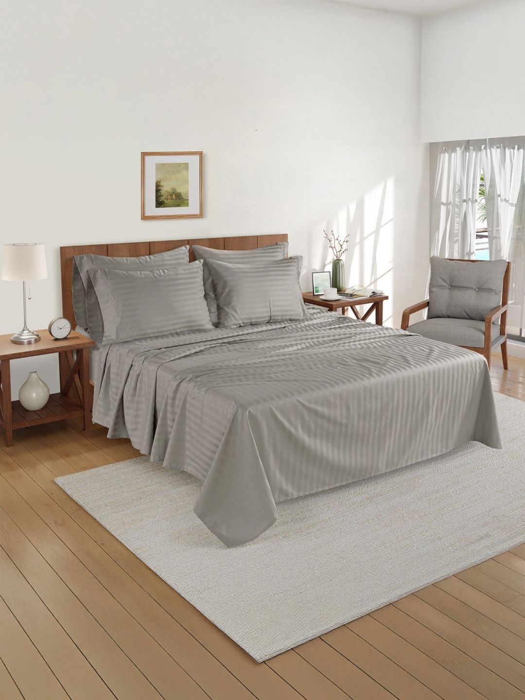 LANE LINEN Grey Striped Egyptian Cotton 5 Pieces Double King Superfine Bedding Set-image-34