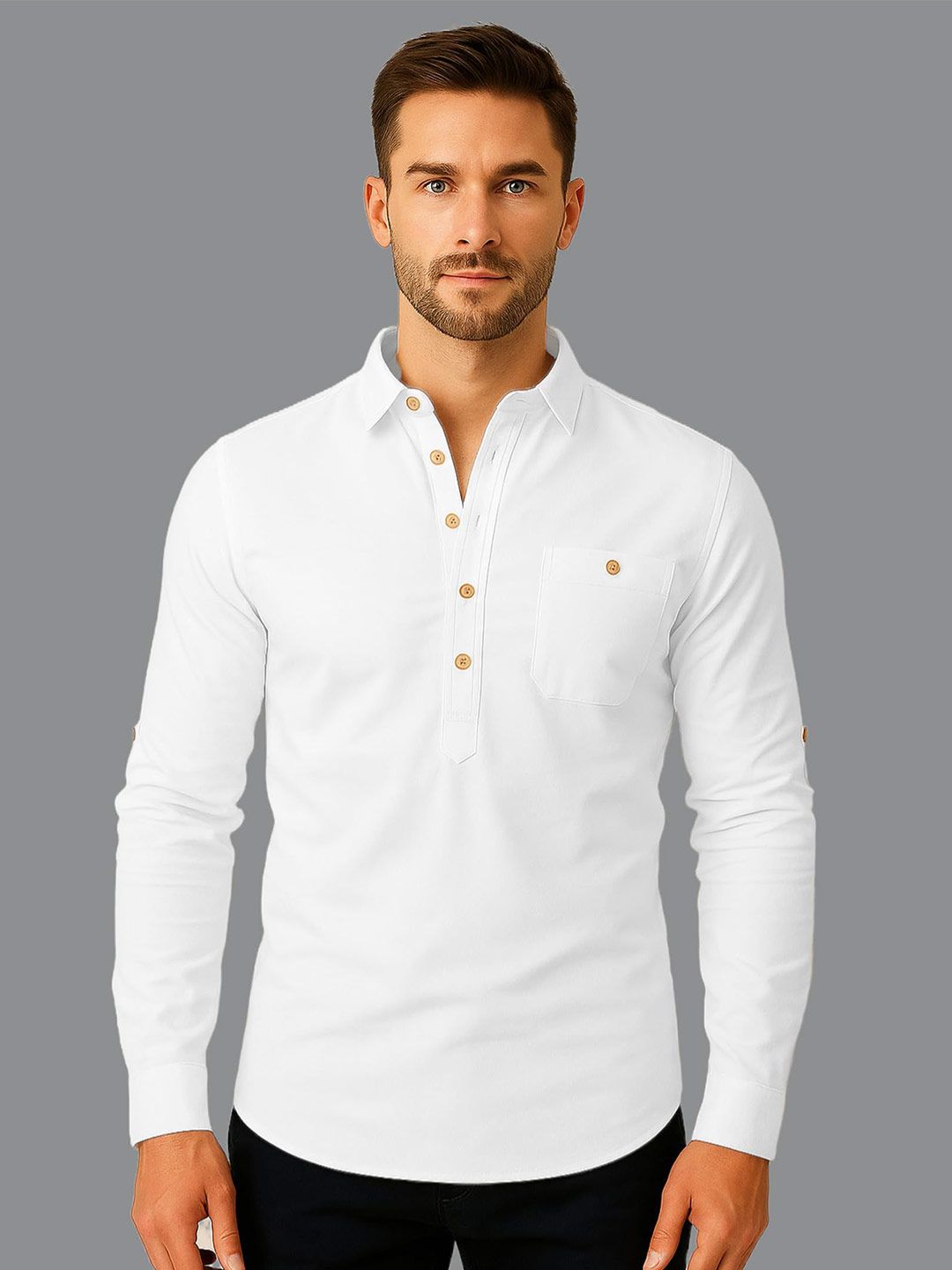 KNOWTED Men Shirt Collar Cotton Straight Short Kurta-picture-37