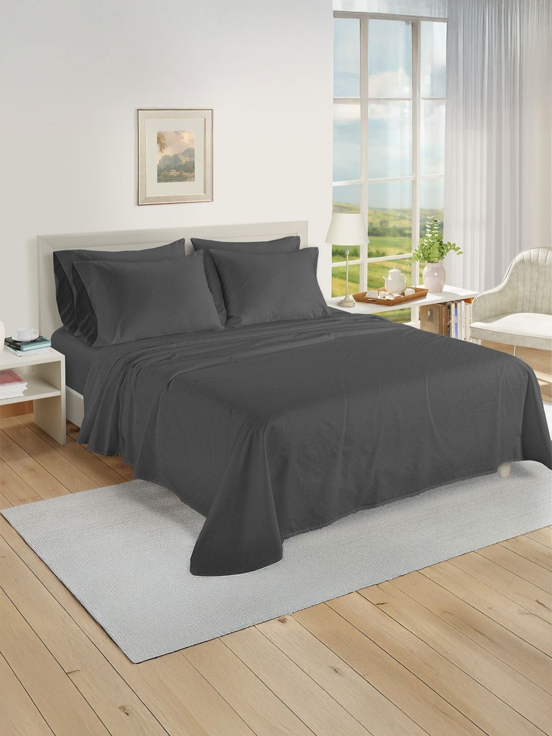 LANE LINEN Charcoal Grey Self-Design 1000TC King Size Bedsheet With 4 Pillow Covers-picture-20