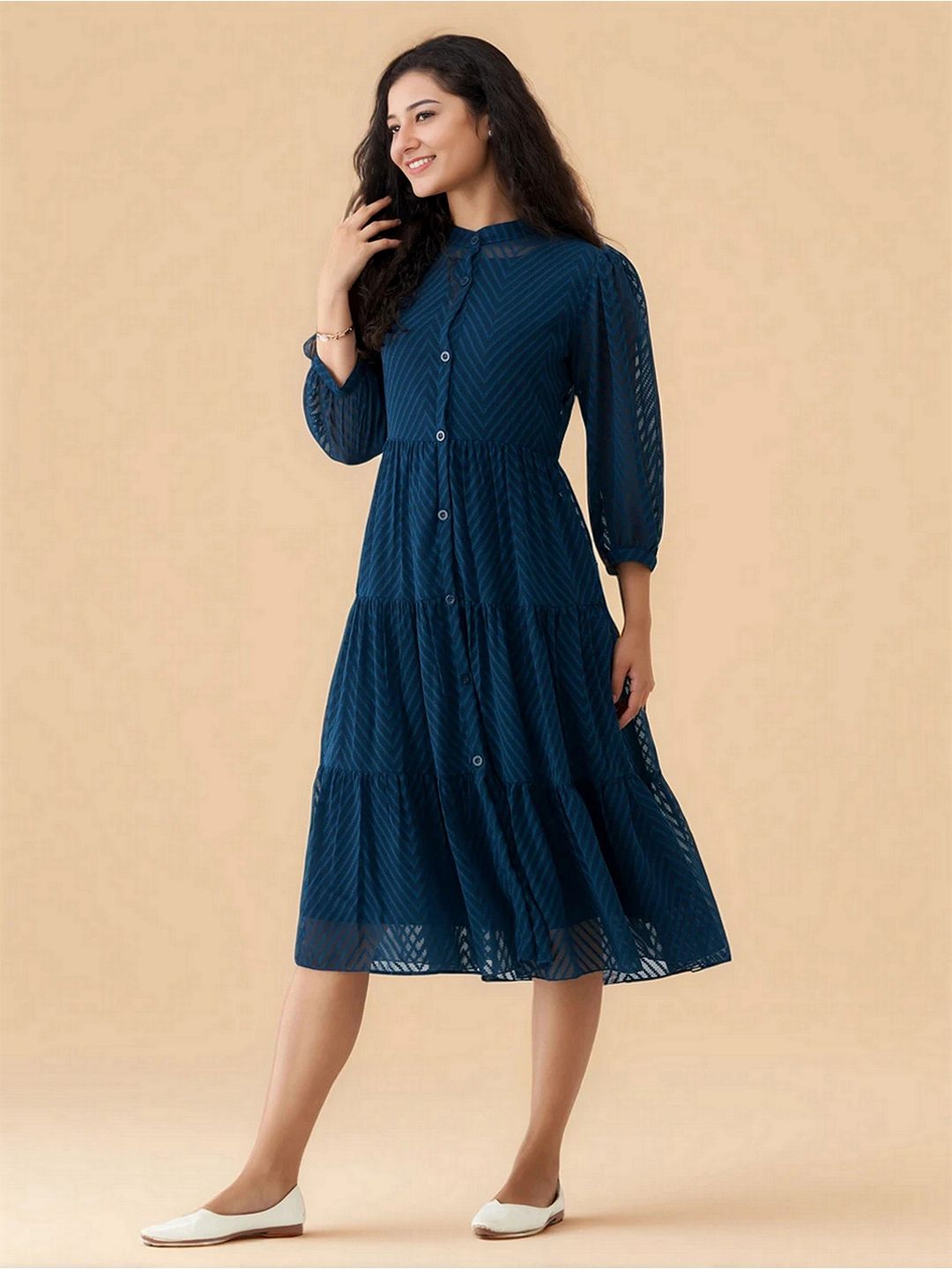 AASK Women Geometric Printed Tiered Puff Sleeve Crepe Fit & Flare Midi Dress-picture-28