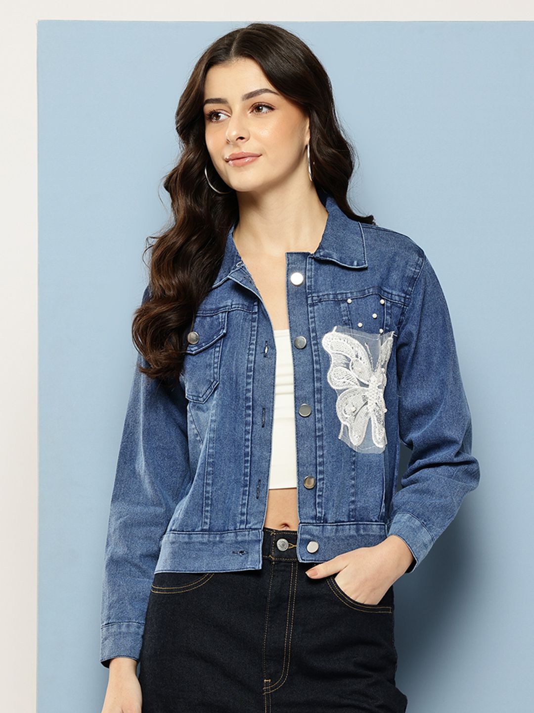 Aarika Butterfly Sequined Applique Denim Jacket-image-32