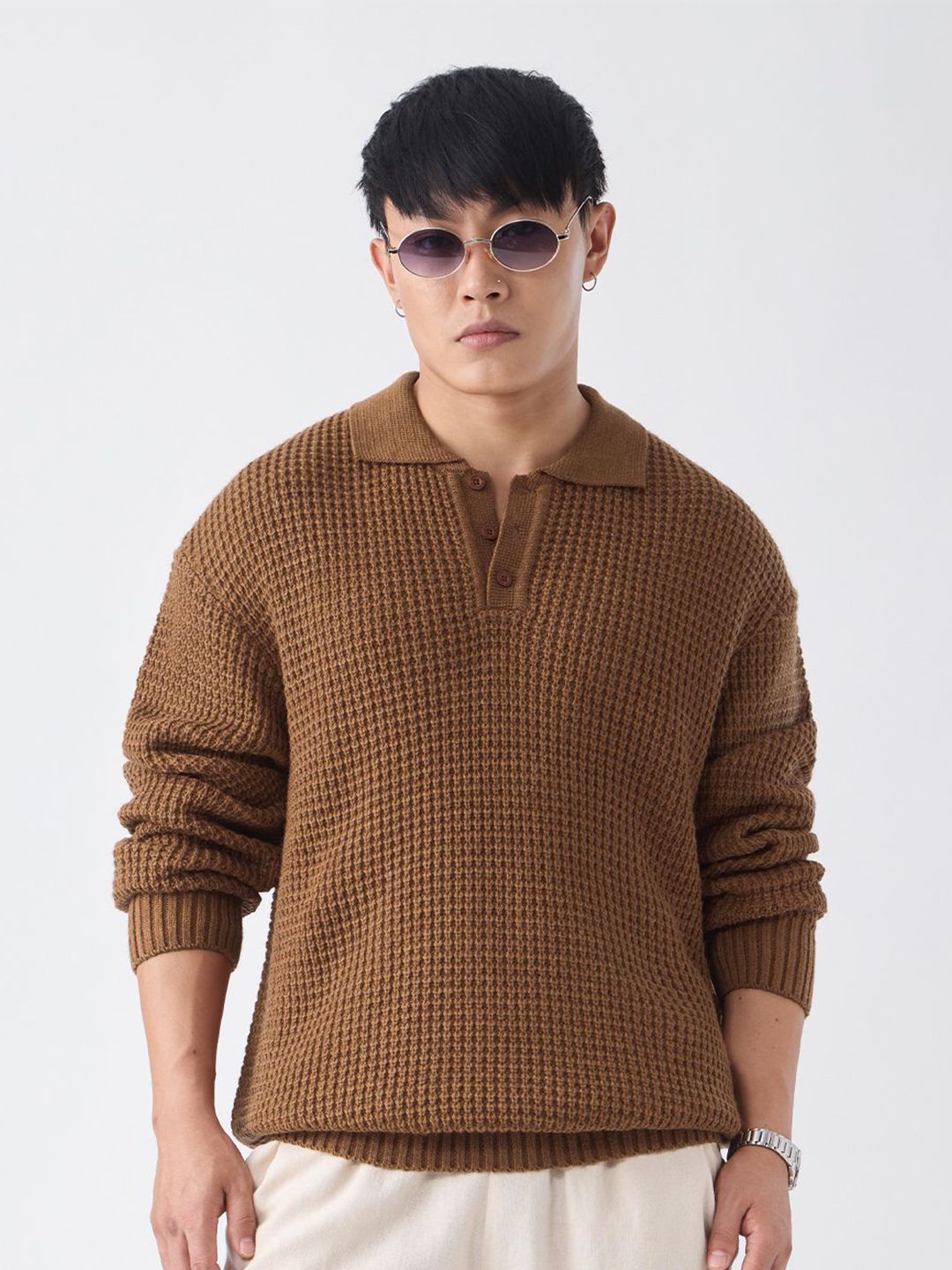 The Souled Store Men Cable Knit Self Design Shirt Collar Pullover-picture-23