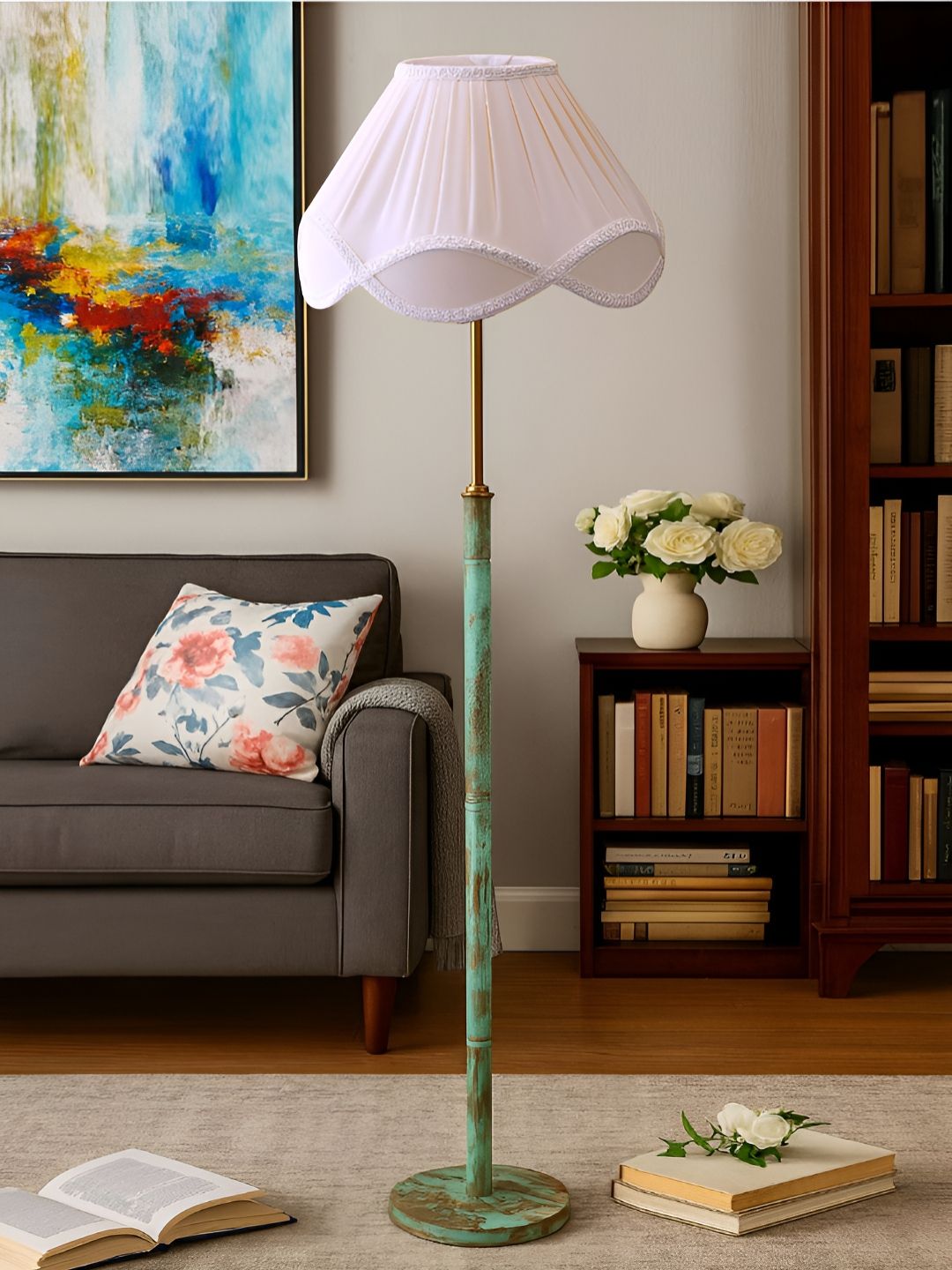 Devansh Off White & Green Wooden & Cotton Frustum Shaped Floor Lamp-picture-27
