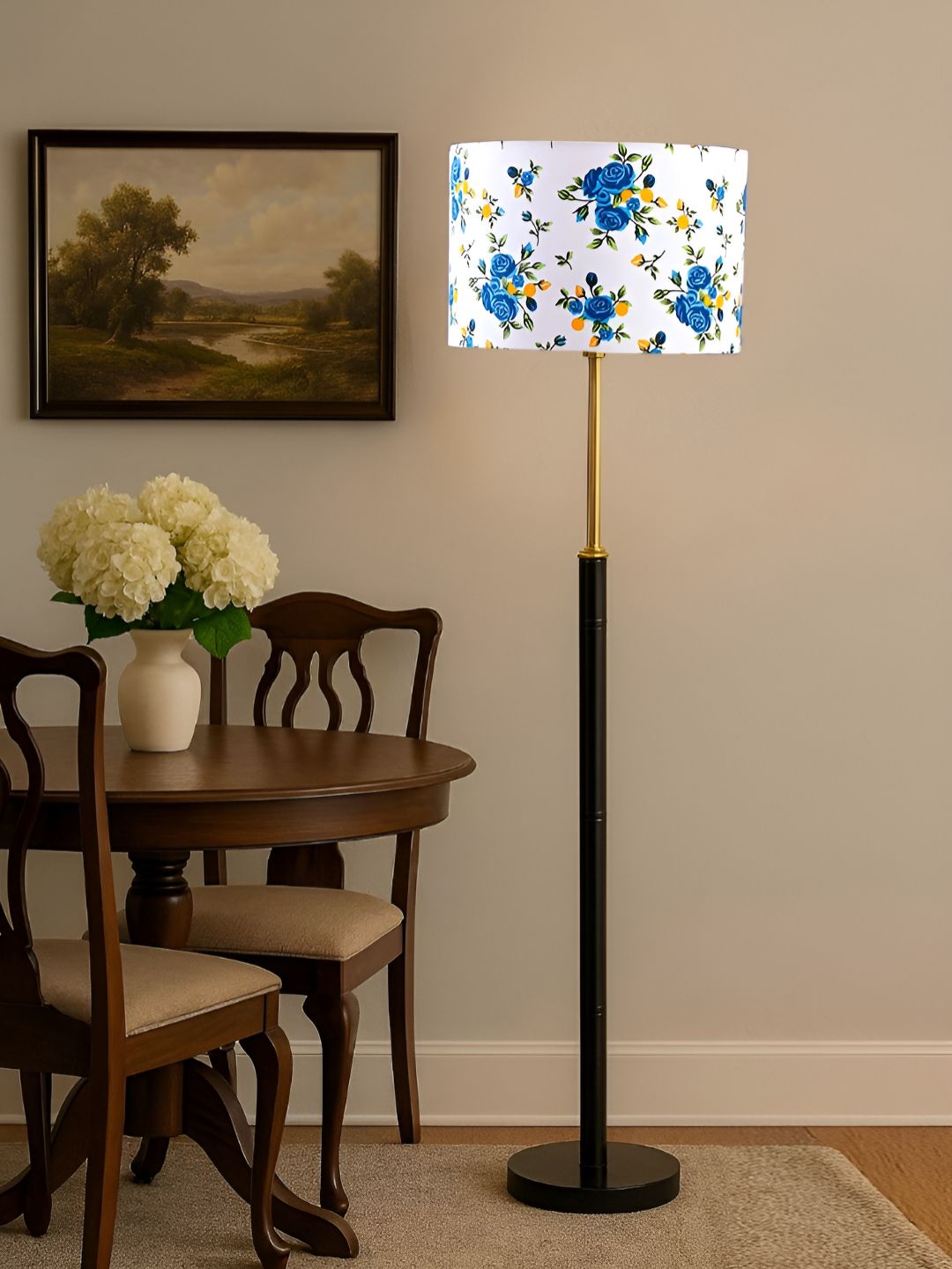 Devansh White & Blue Printed Wooden & Cotton Cylinder Shaped Floor Lamp-picture-8