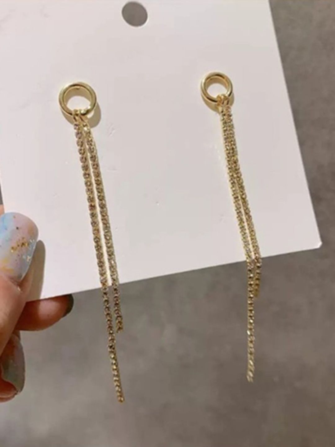 FIMBUL Gold-Plated Rhinestone Studded Tasselled Circular Shaped Drop Earrings-picture-13