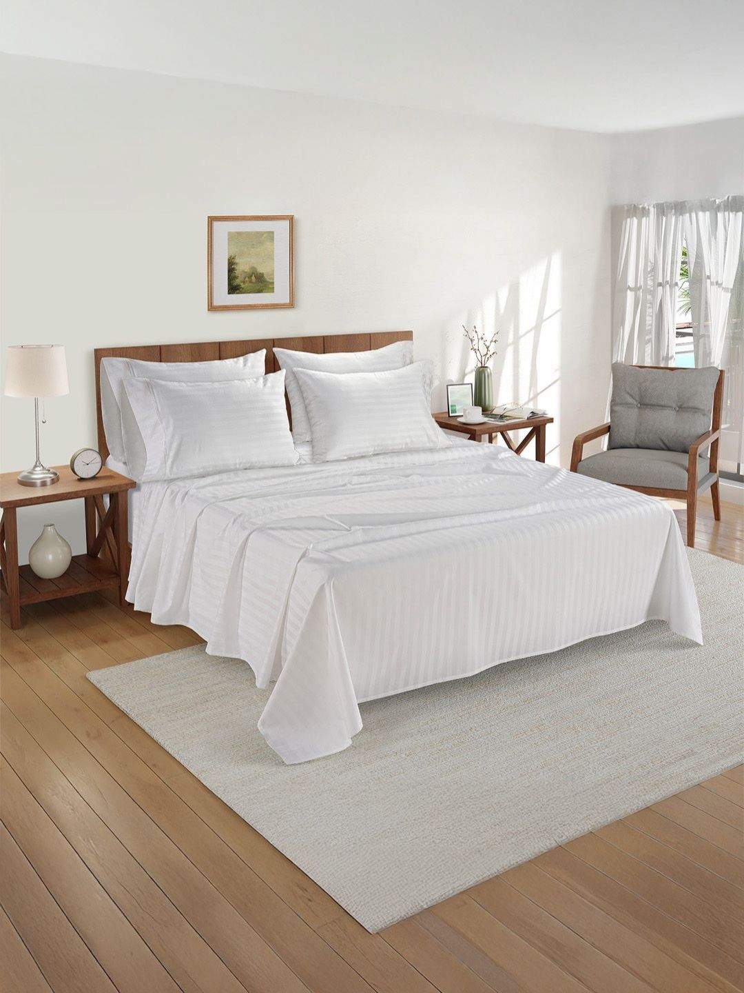 LANE LINEN White 5 Pieces Striped Pure Egyptian Cotton Bed Covers-picture-46