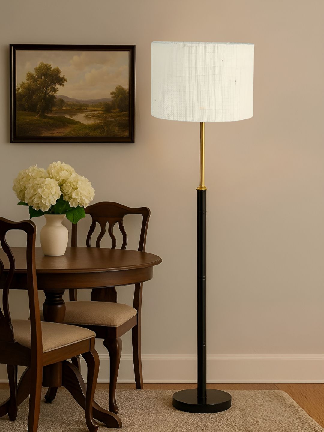 Devansh White & Black Wooden & Cotton Cylinder Shaped Floor Lamp-picture-19