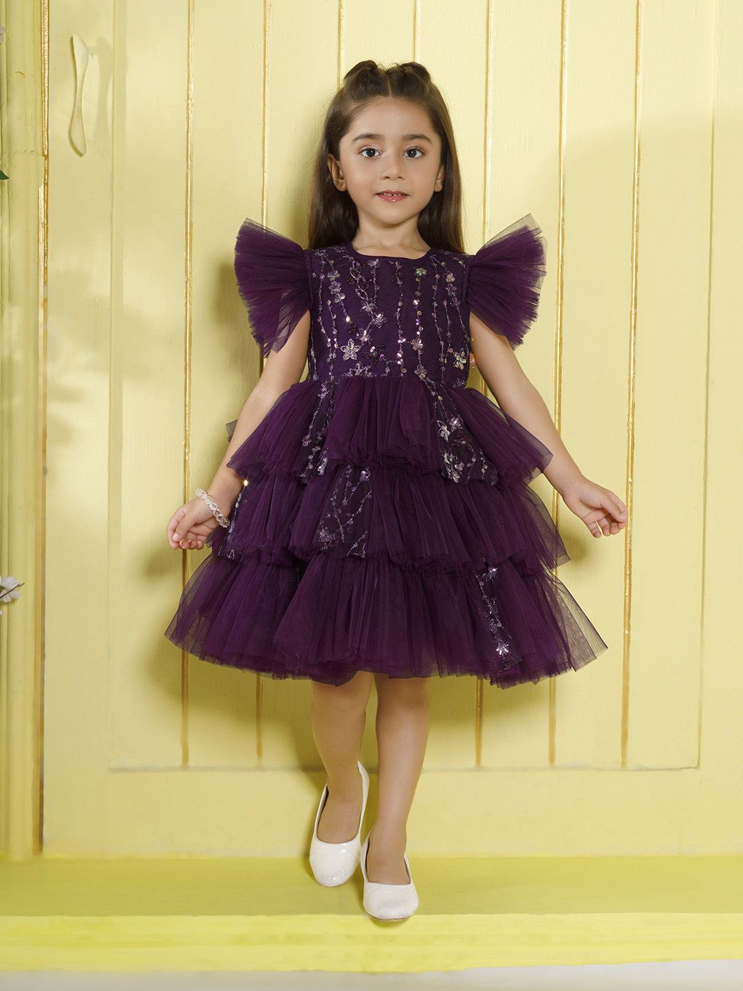 Ministitch Girls Embellished Sequined Flutter Sleeves Net Fit & Flare Dress-picture-39