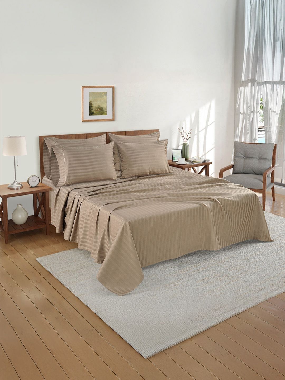 LANE LINEN Coffee Brown Striped Egyptian Cotton 5 Pieces Double King Superfine Bedding Set-picture-53
