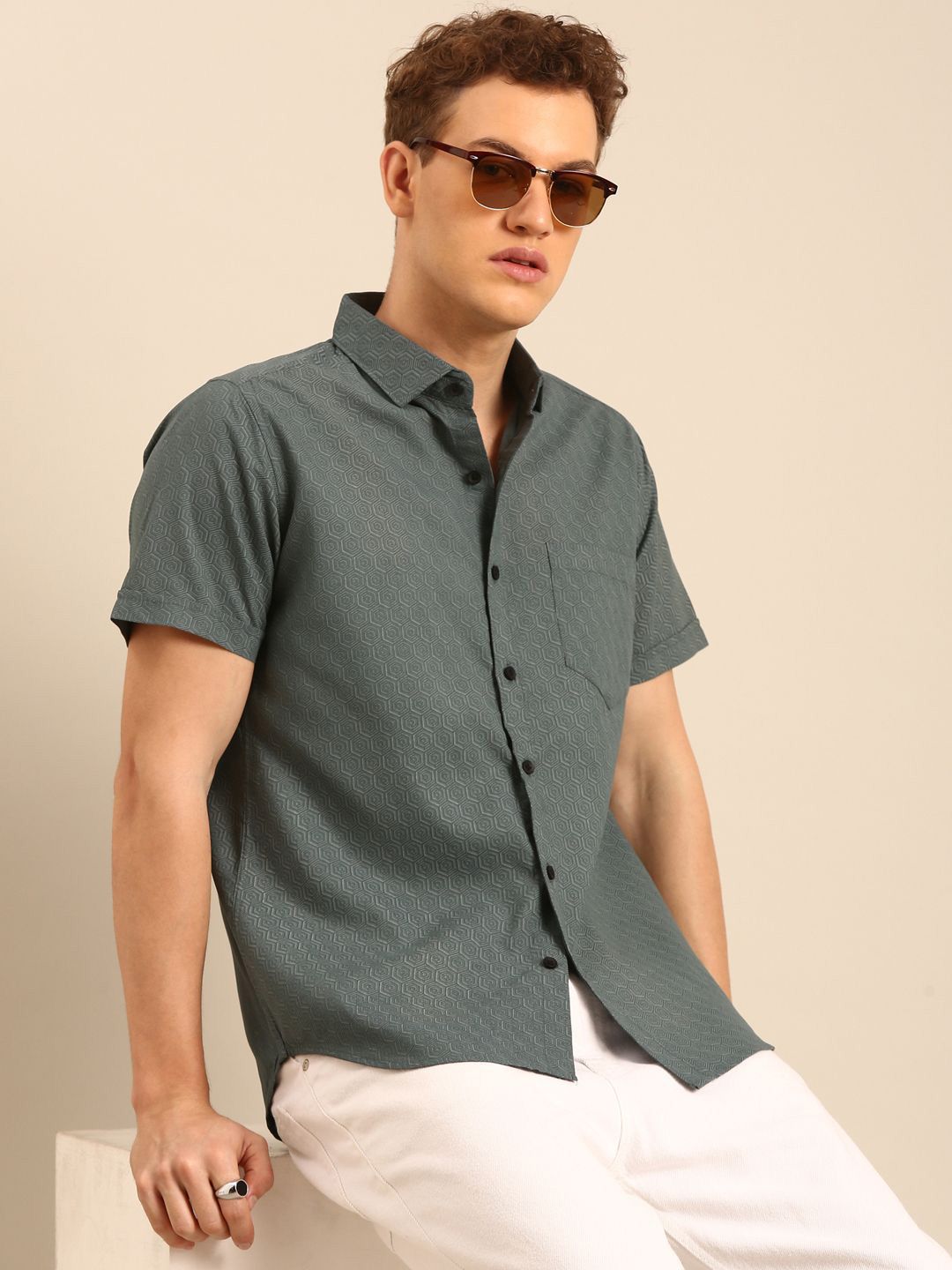 THE BEETEL HOUSE Men Relaxed Fit Textured Spread Collar Cotton Casual Shirt-picture-33