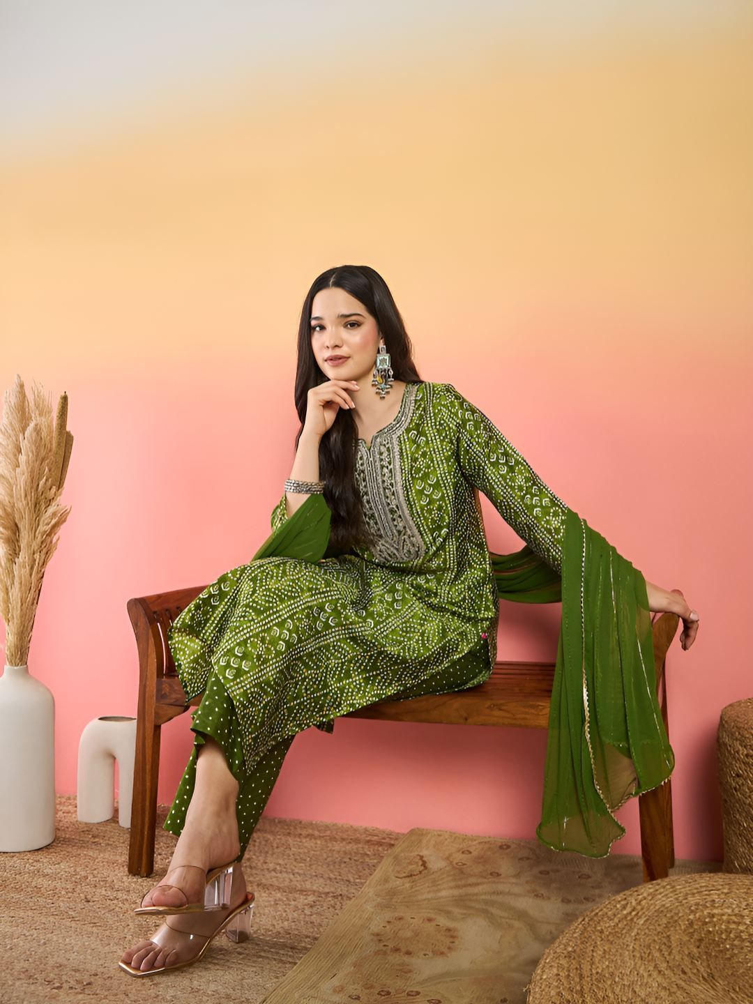 Varanga Bandhani Printed Thread Work Kurta With Trousers & Dupatta-picture-38