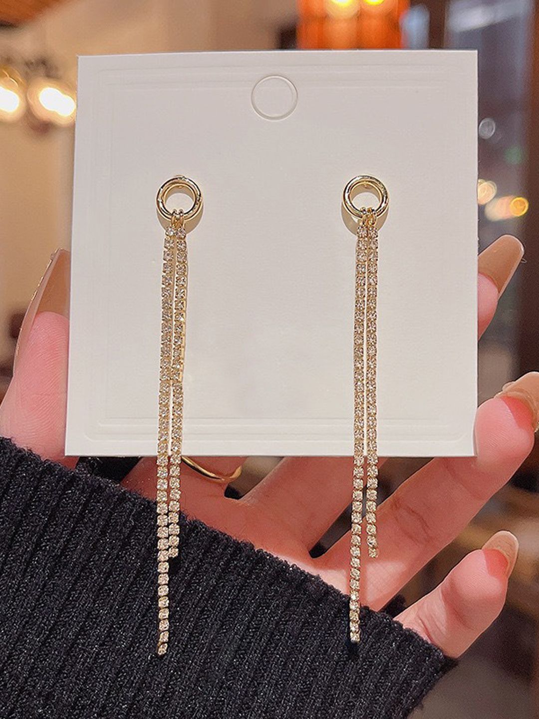 FIMBUL Gold-Plated Rhinestone Studded Tasselled Circular Shaped Drop Earrings-picture-23