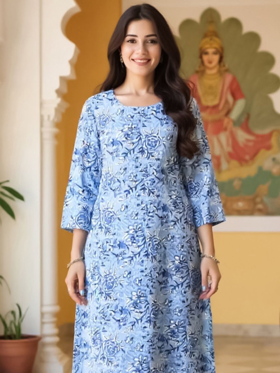 Indo Era Floral Printed V-Neck Cotton Straight Kurta-picture-22