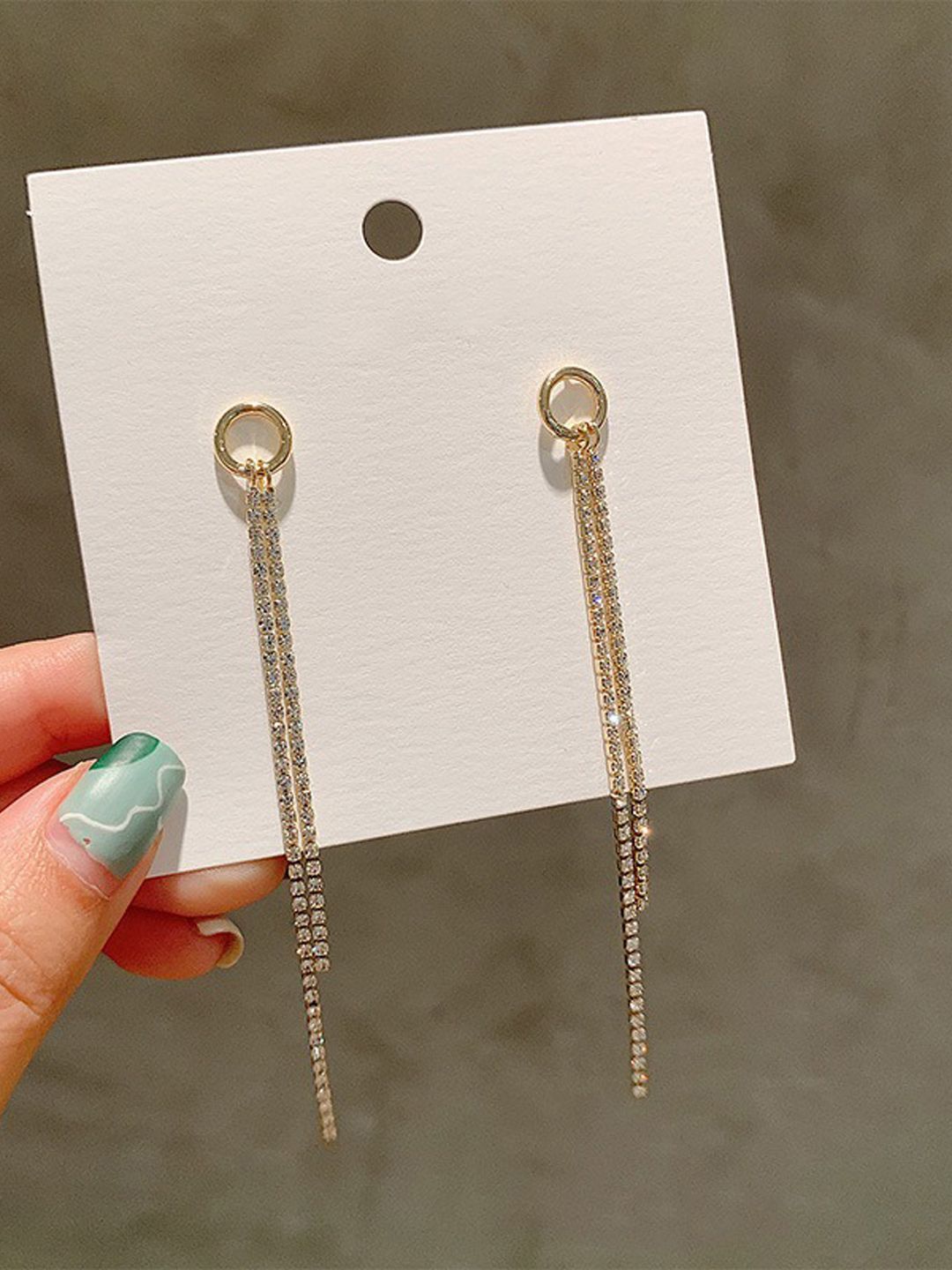 FIMBUL Gold-Plated Rhinestone Studded Tasselled Circular Shaped Drop Earrings-picture-12