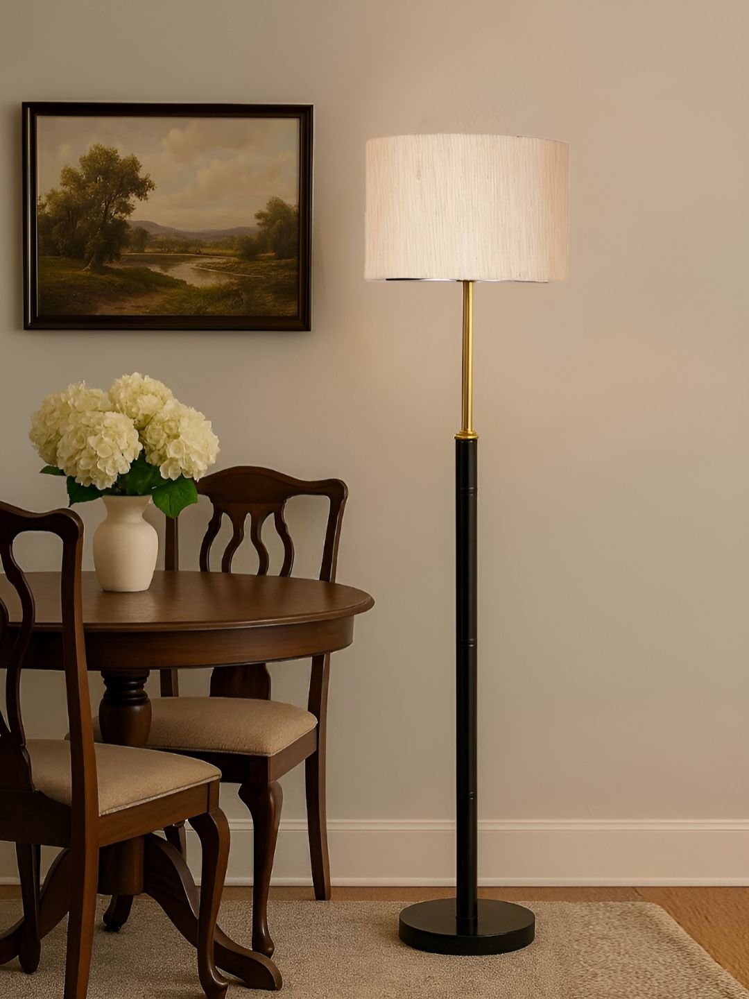Devansh Off White & Black Wooden & Cotton Cylinder Shaped Floor Lamp-picture-25