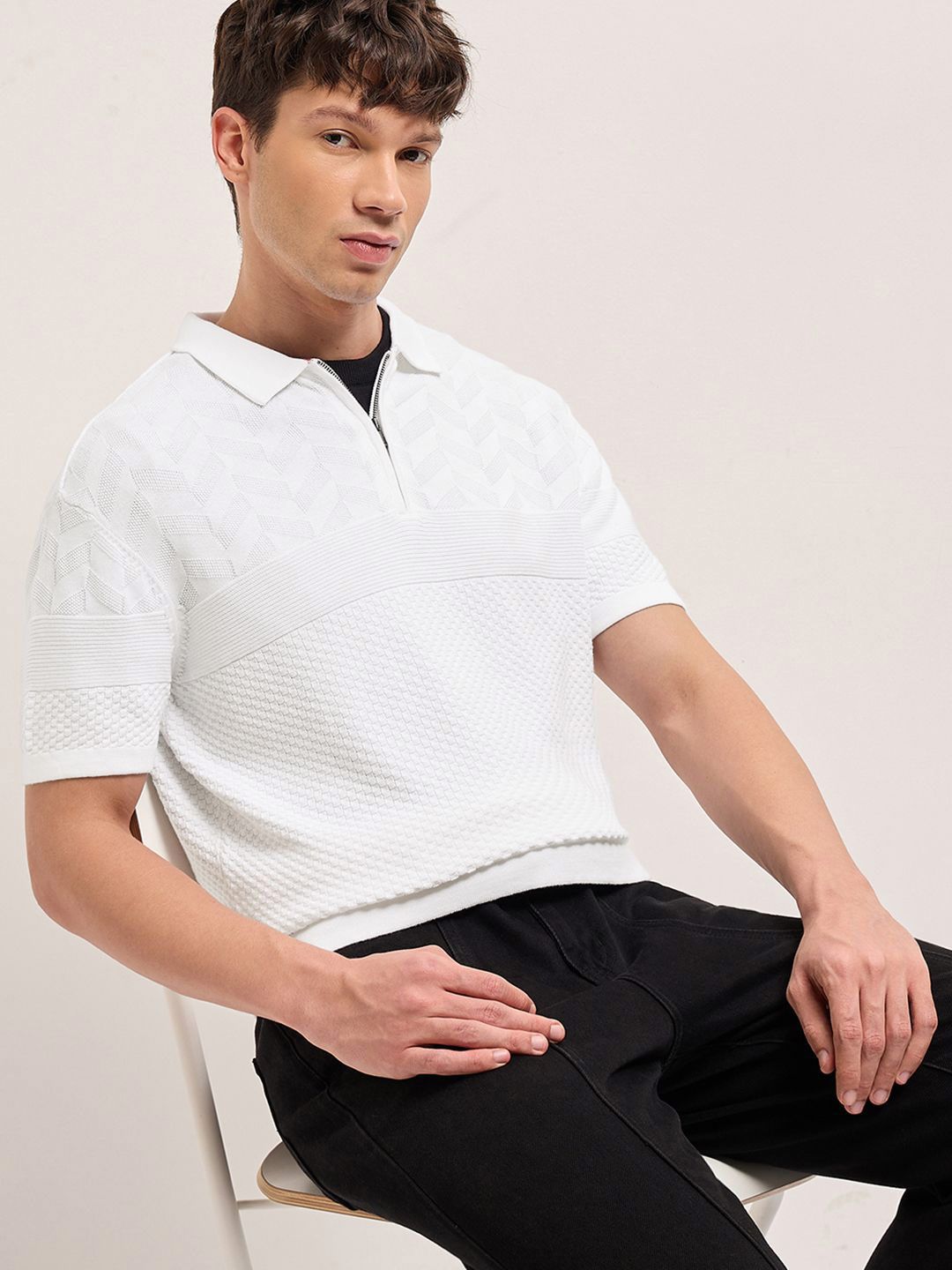 THE BEAR HOUSE Men Chevron Textured Flat Knit Polo Polo Collar Pure Cotton T-shirt-image-1