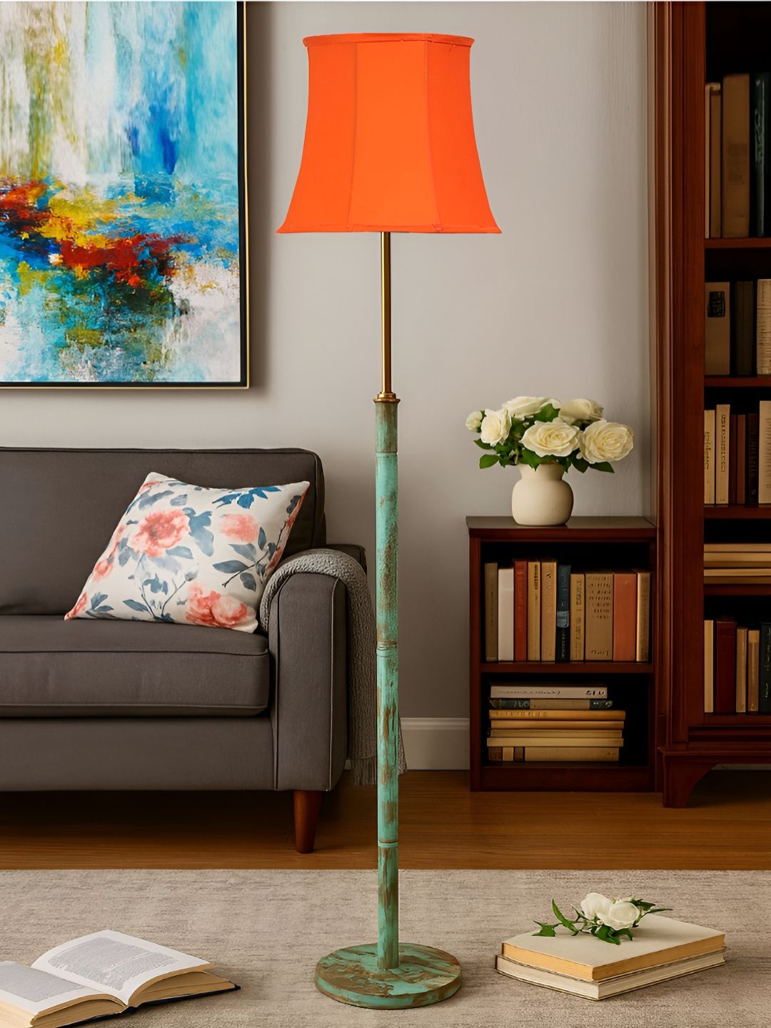 Devansh Orange & Green Wooden & Cotton Frustum Shaped Floor Lamp-picture-20