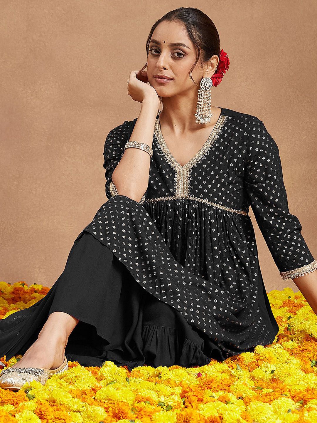 Janasya Women Ethnic Motifs Printed Empire Gotta Patti Kurta with Sharara & With Dupatta-picture-38