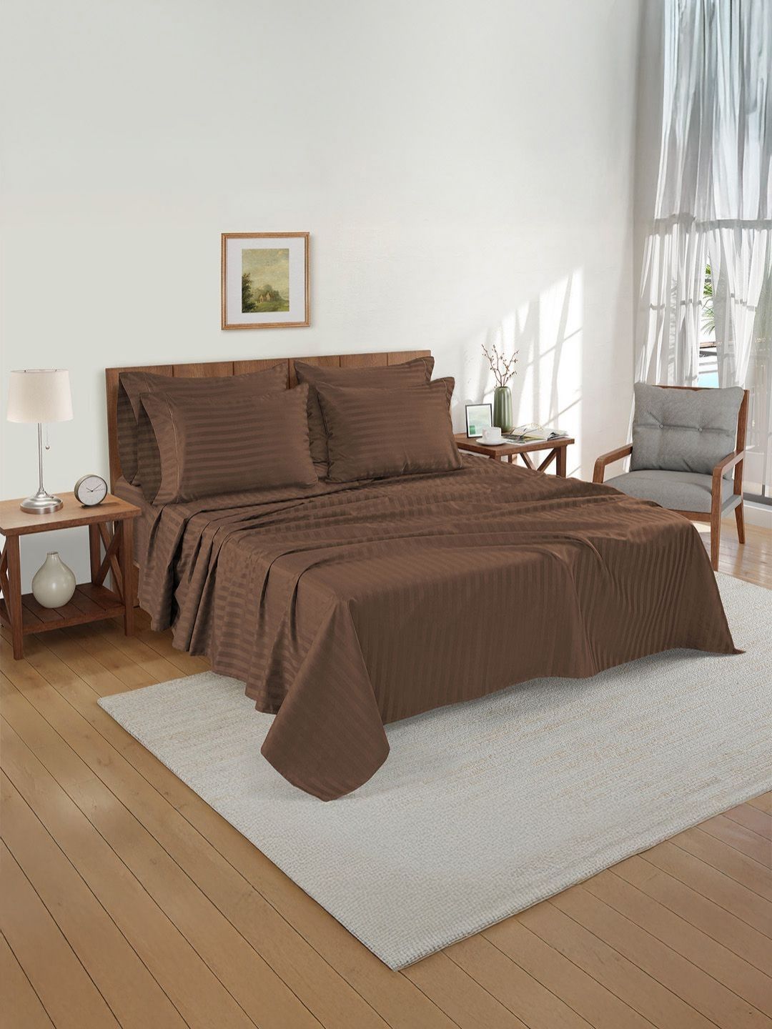 LANE LINEN Brown Striped Egyptian Cotton 5 Piece Double King Superfine Bedding Set-image-12