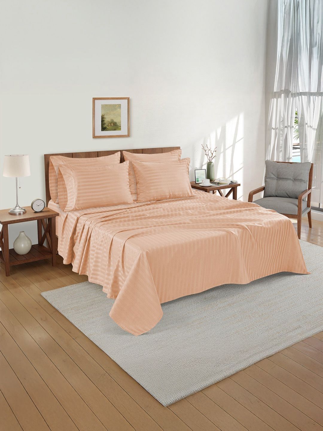 LANE LINEN Peach Striped Egyptian Cotton 5 Pieces Double King Superfine Bedding Set-image-25