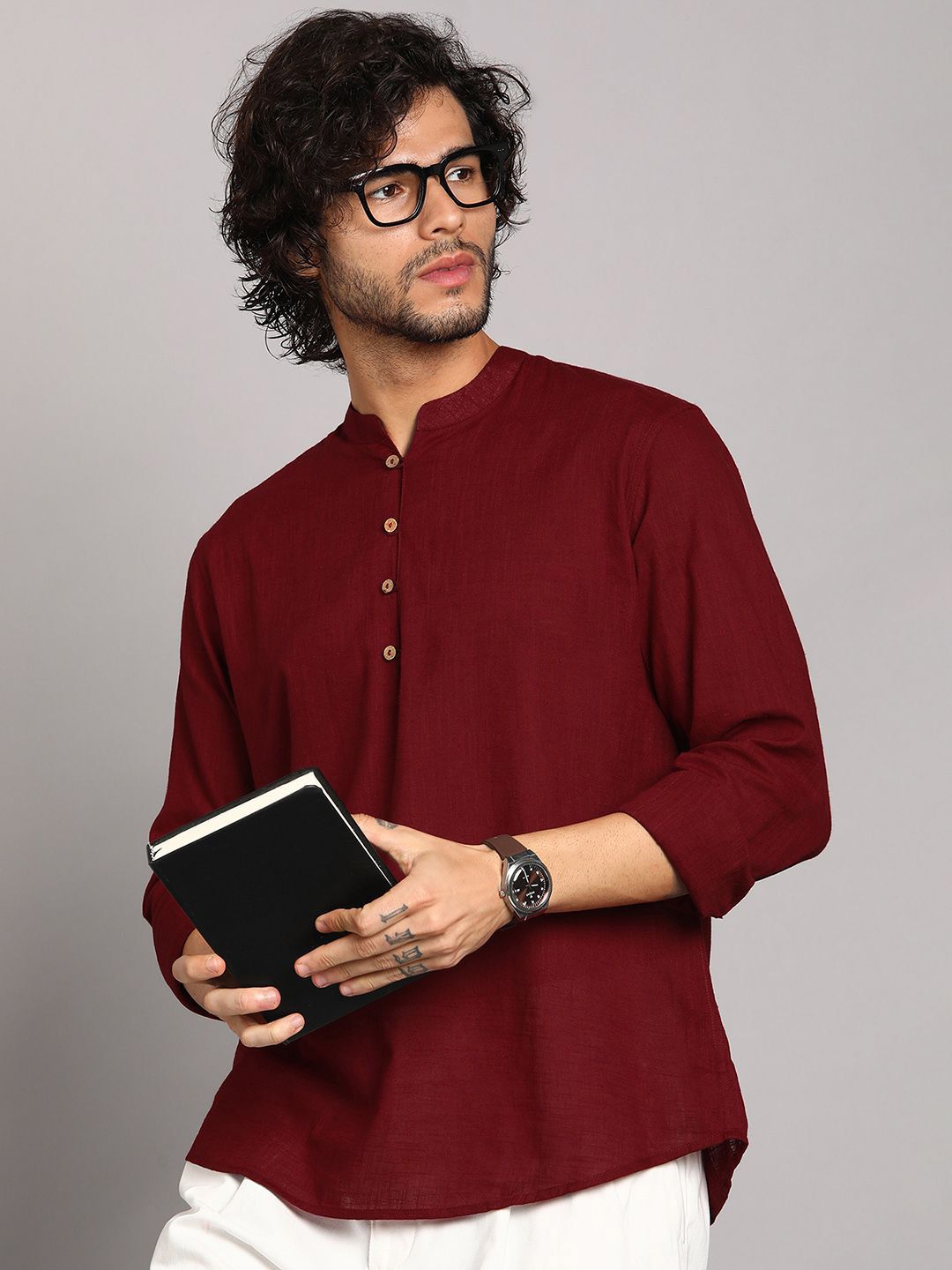 SWAGG INDIA Men Mandarin Collar Pure Cotton Straight Kurta-picture-39