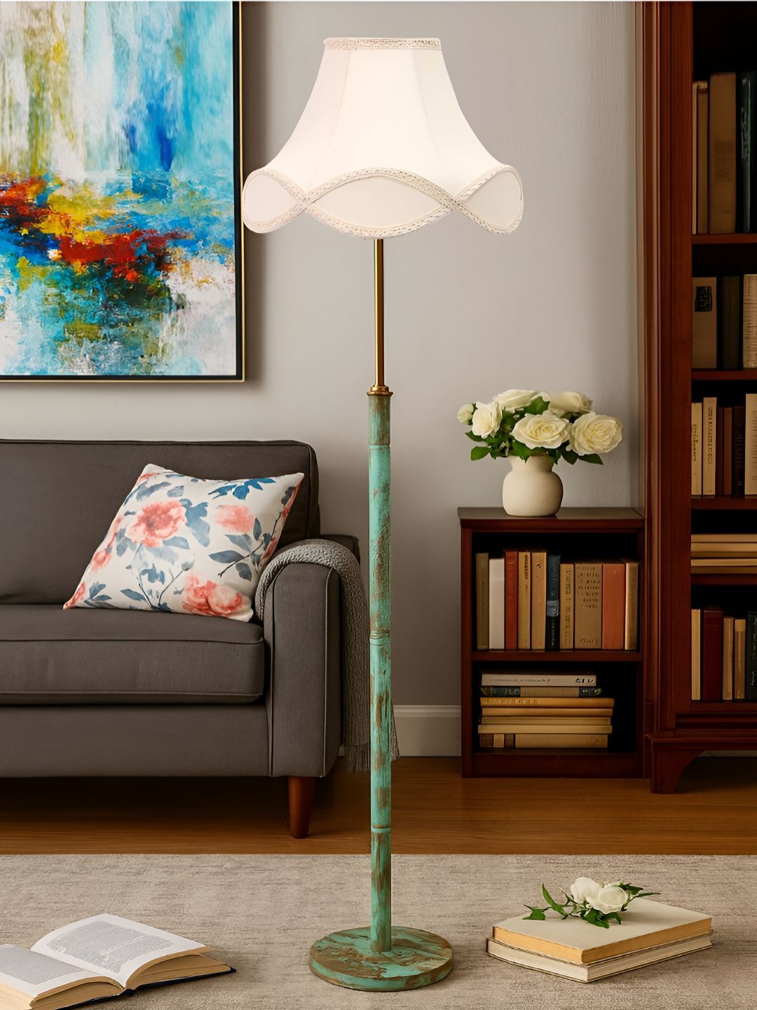 Devansh Off White & Green Wooden & Cotton Frustum Shaped Floor Lamp-picture-10