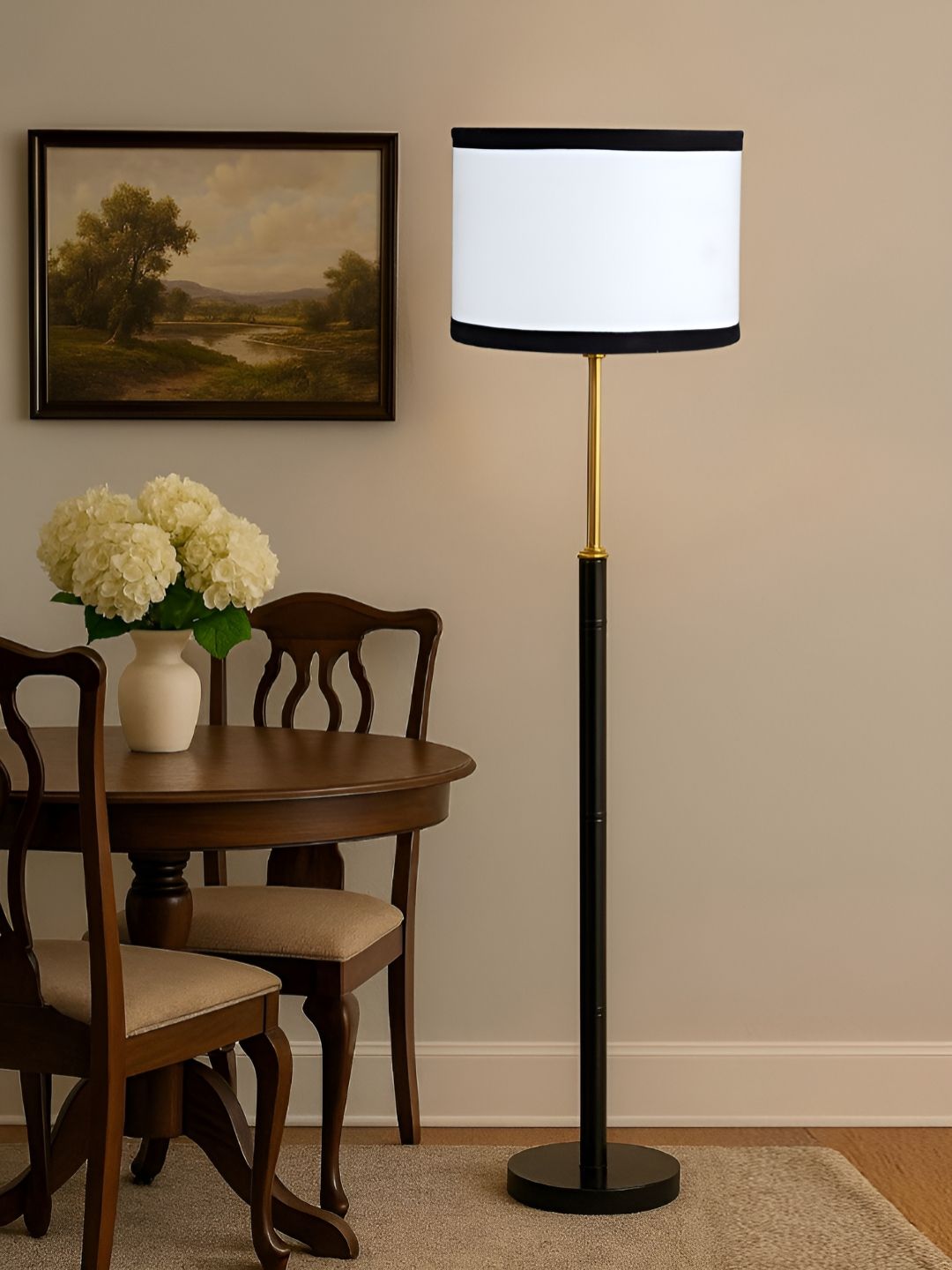 Devansh White & Black Wooden & Cotton Cylinder Shaped Floor Lamp-picture-0