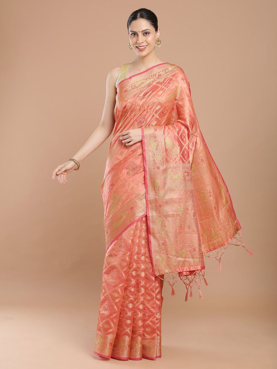 House of Pataudi Geometric Woven Design Zari Banarasi Saree-picture-41