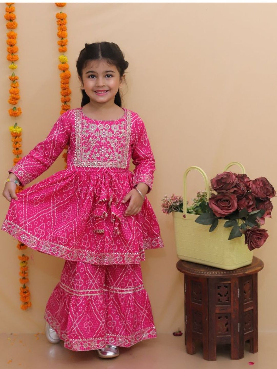 Sangria Girls Bandhani Printed Pure Cotton Kurta with Sharara-picture-13