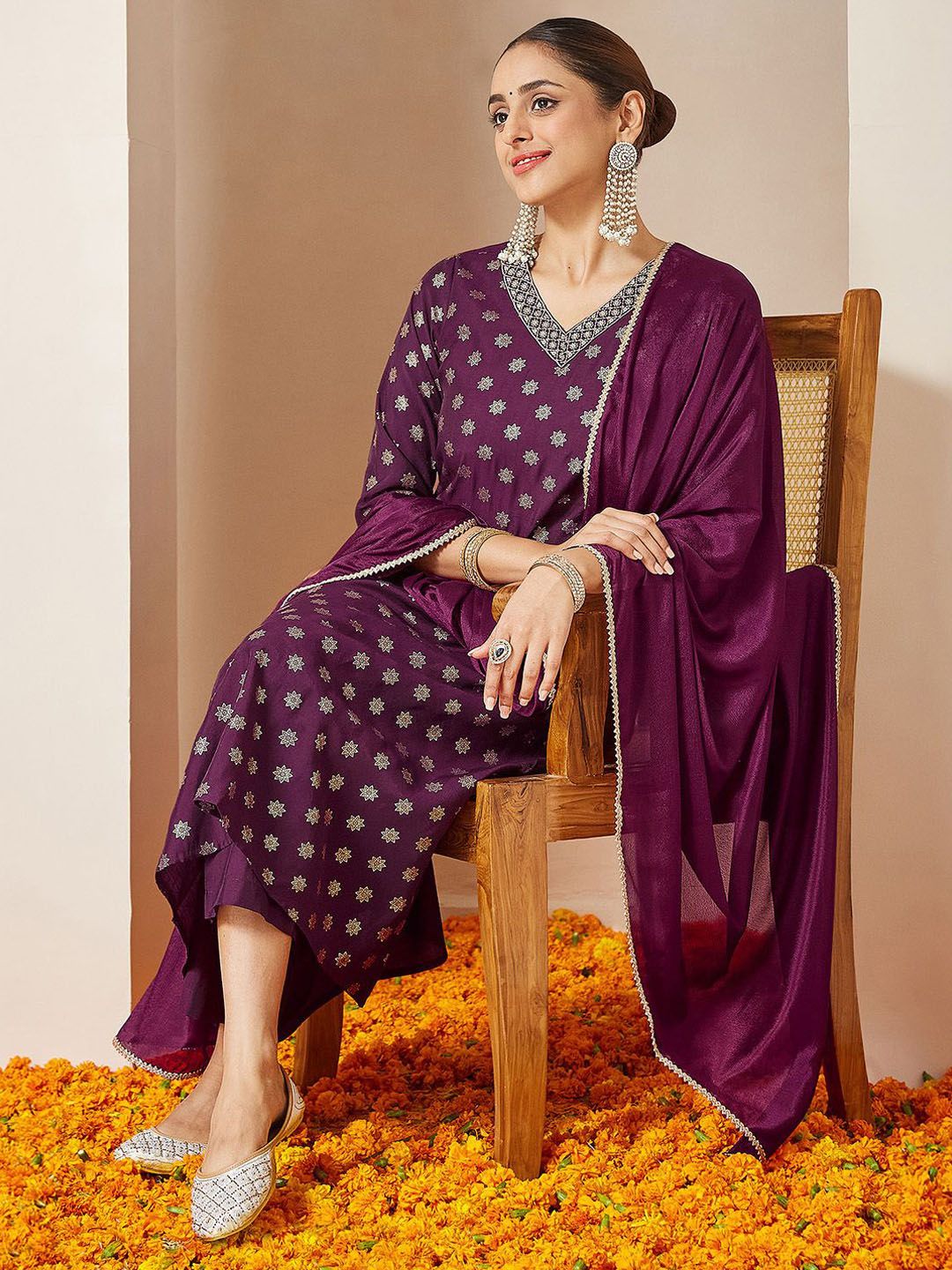 Janasya Women Ethnic Motifs Printed Kurta with Trouser & Dupatta-picture-40