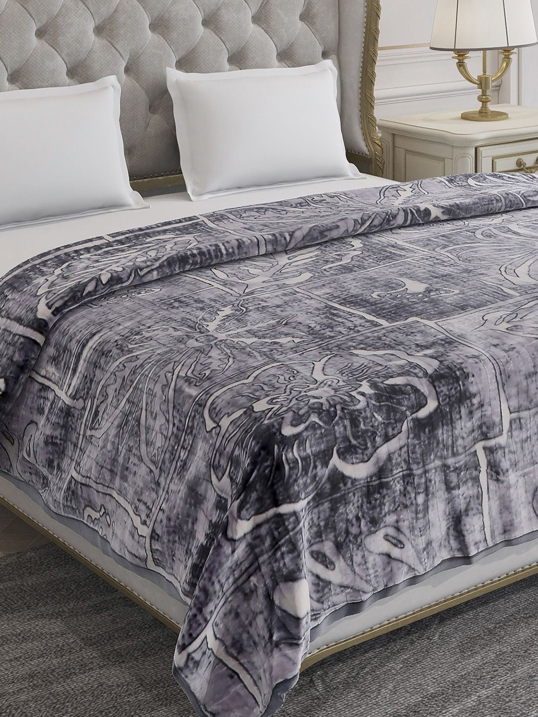 Monte Carlo Marvin Pvc Grey Floral Printed Heavy Winter 117 GSM Double Bed Blanket-image-46