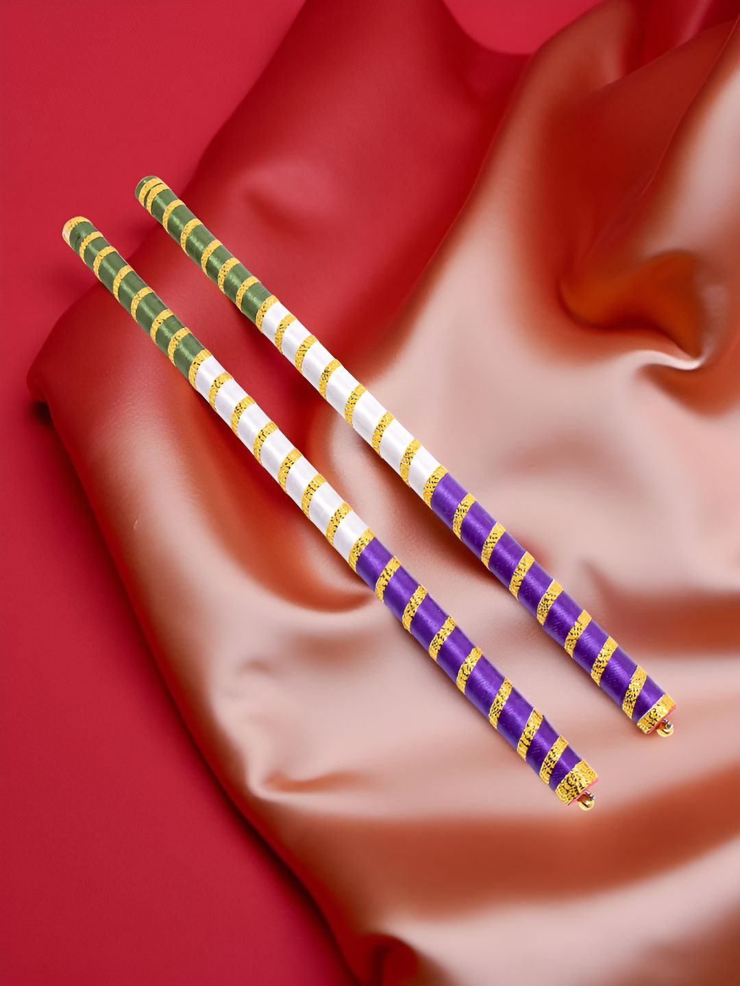 Golden Set Of 2 Dandiya Sticks With Satin Wrap